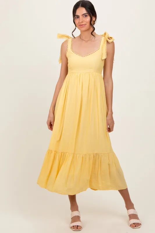 Yellow Scallop Trim Shoulder Tie Midi Dress sold by Pinkblush