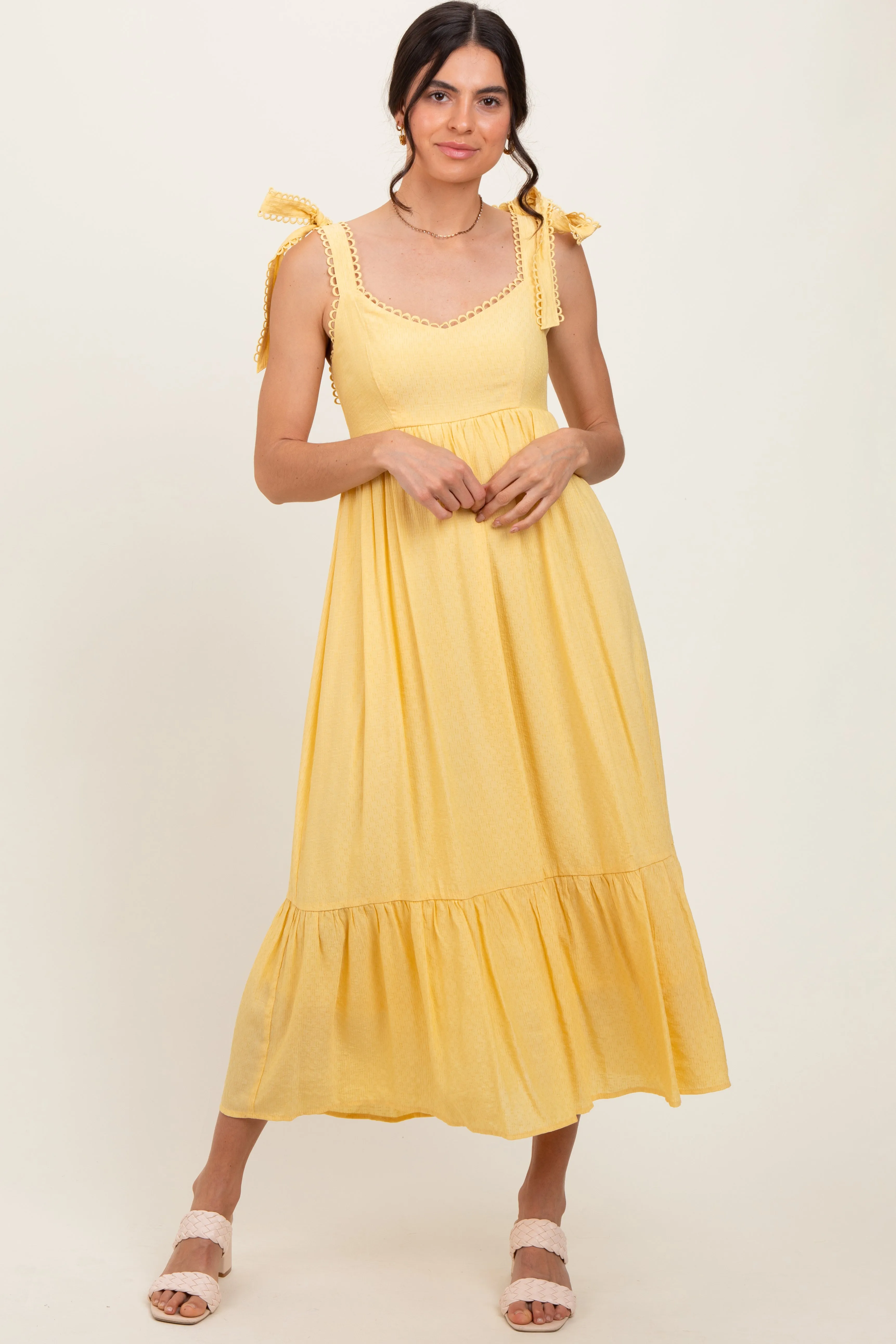 Yellow Scallop Trim Shoulder Tie Midi Dress sold by Pinkblush product image thumbnail 2