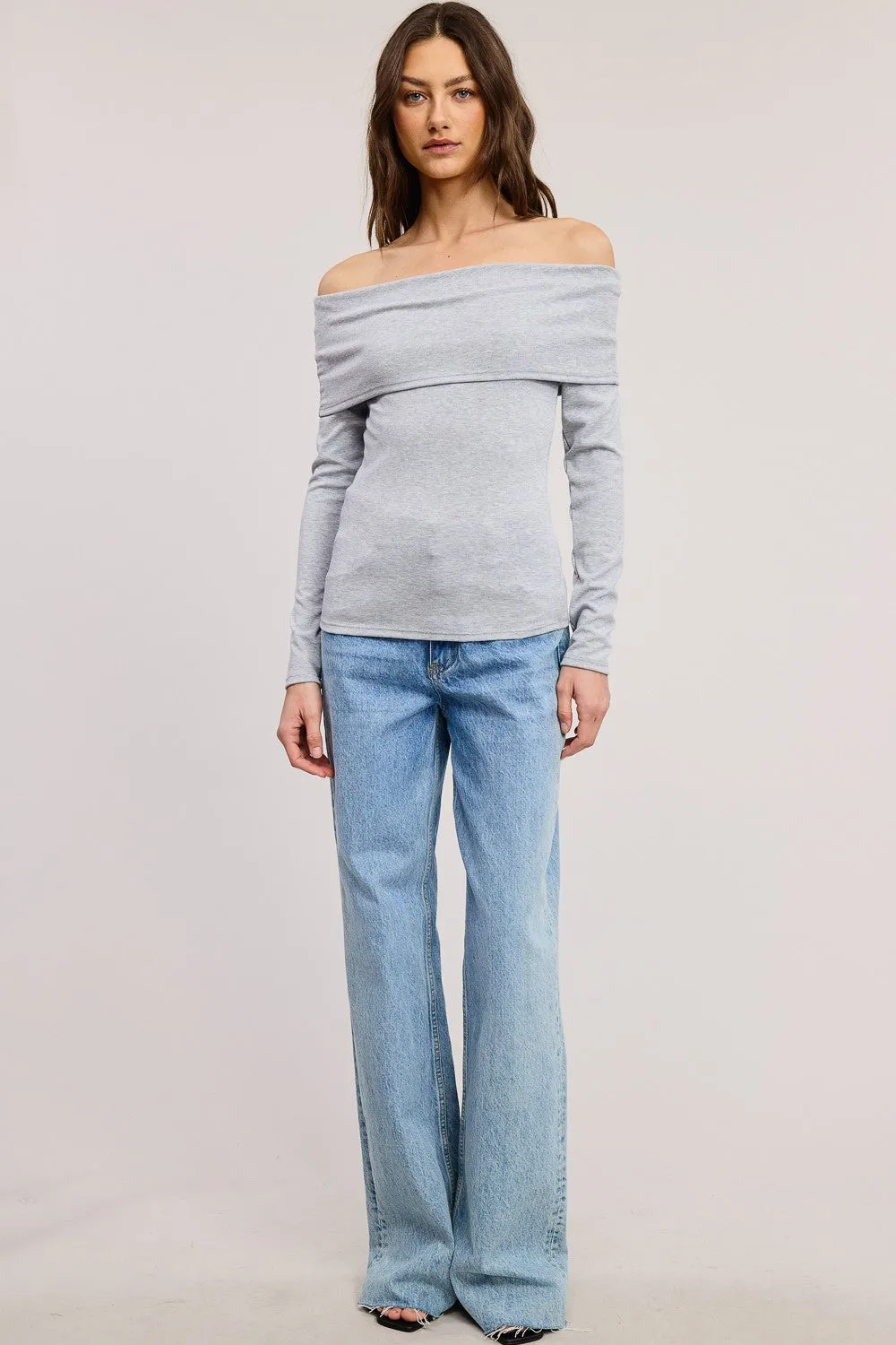 Heather Grey Off Shoulder Foldover Long Sleeve Top sold by Pinkblush product image thumbnail 4
