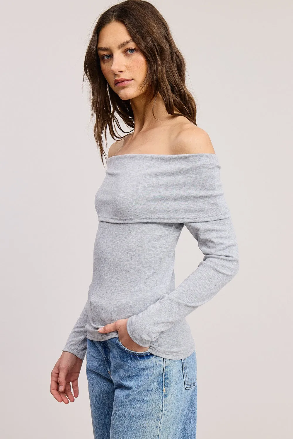 Heather Grey Off Shoulder Foldover Long Sleeve Top sold by Pinkblush product image thumbnail 2