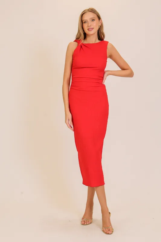 Red Textured Shoulder Detail Midi Dress sold by Pinkblush