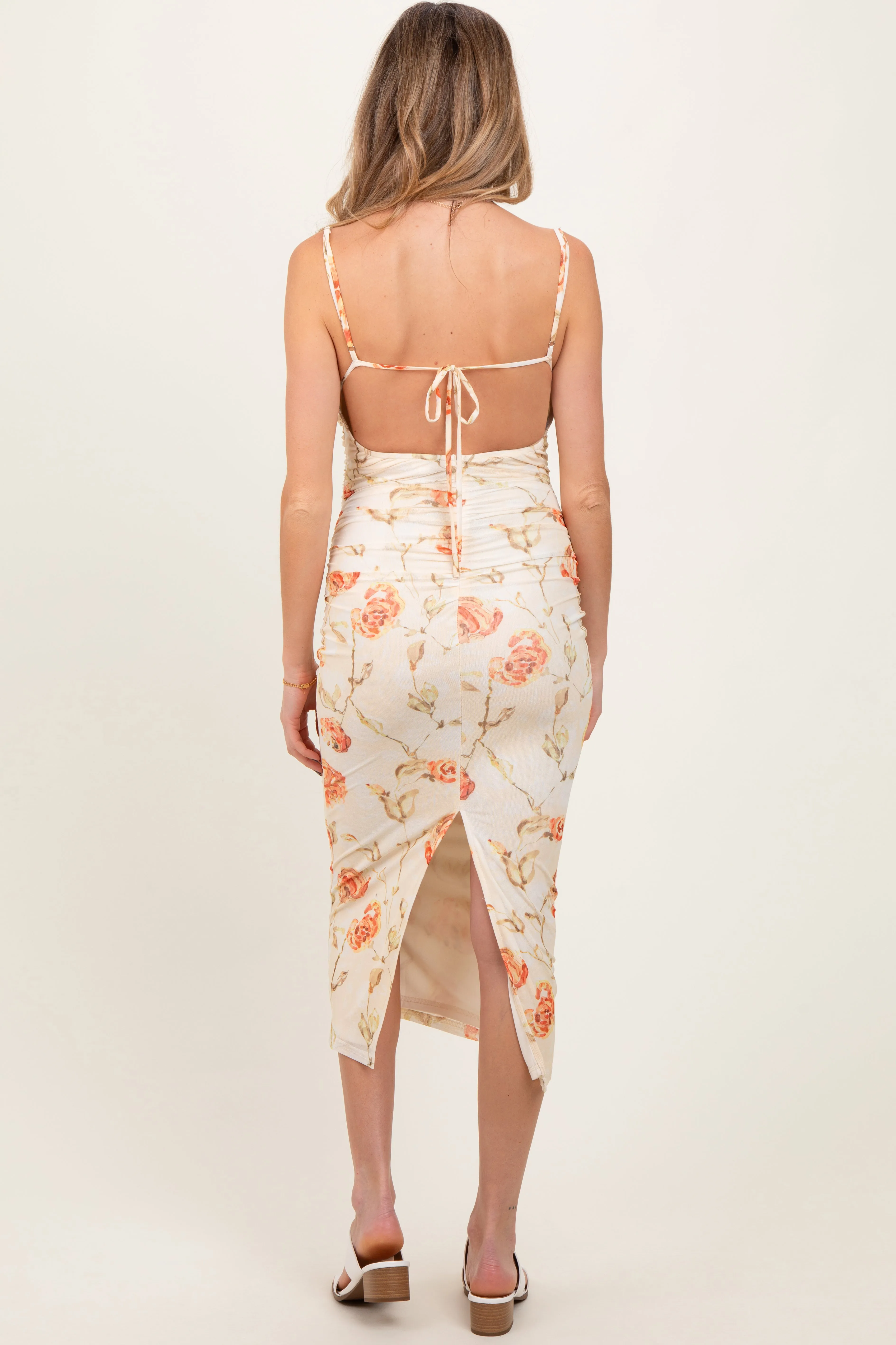 Cream Floral Ruched Low Tie Back Maternity Midi Dress sold by Pinkblush product image thumbnail 4