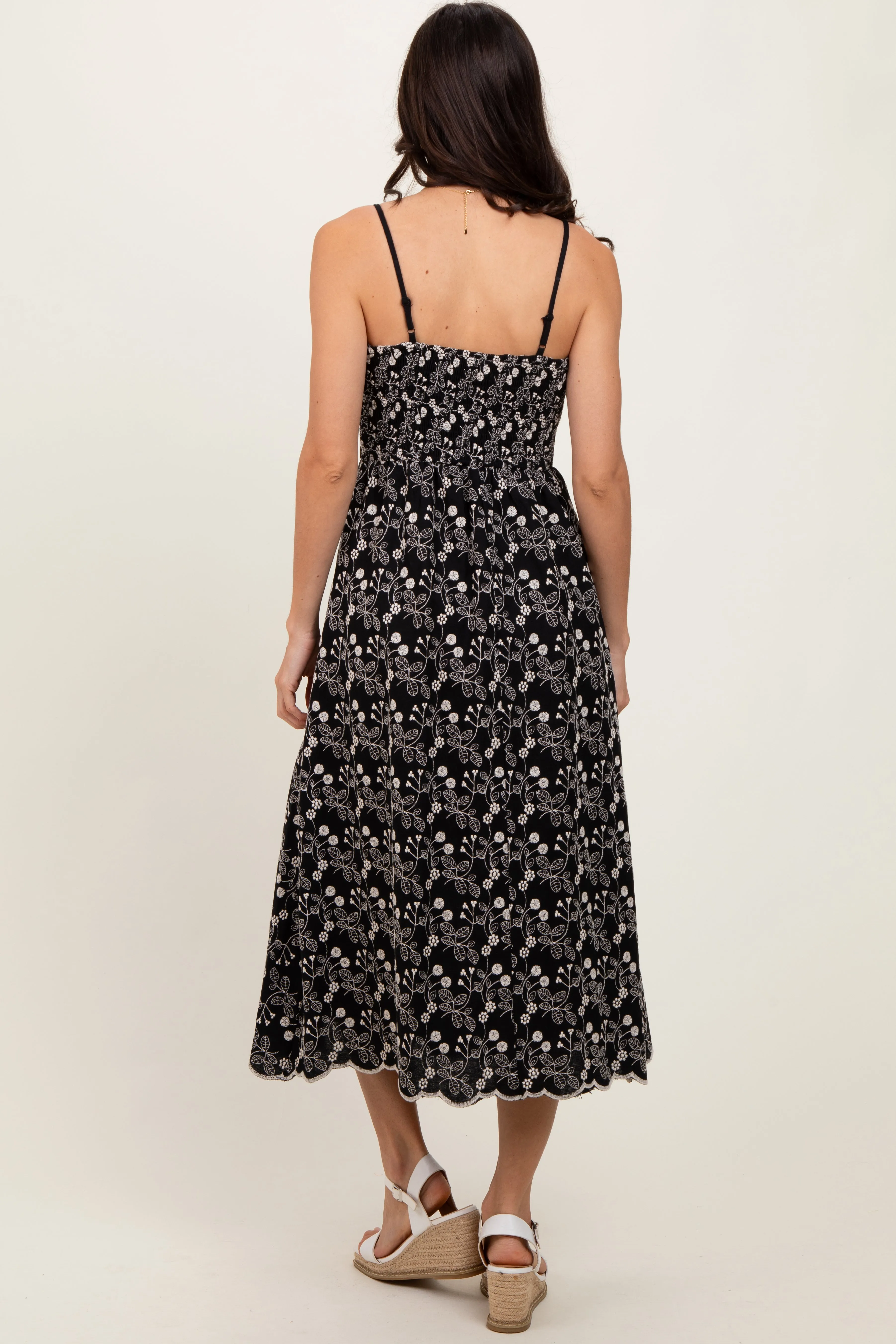 Black Floral Embroidered Scallop Detail Midi Dress sold by Pinkblush product image thumbnail 4