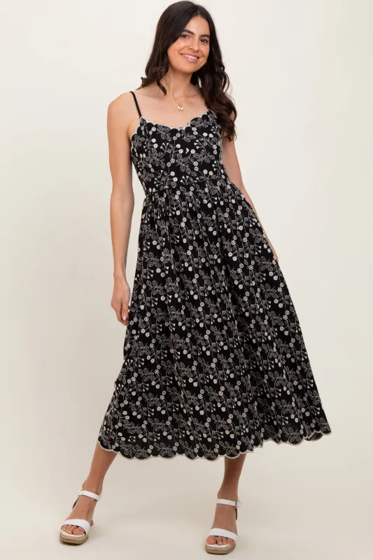 Black Floral Embroidered Scallop Detail Midi Dress sold by Pinkblush