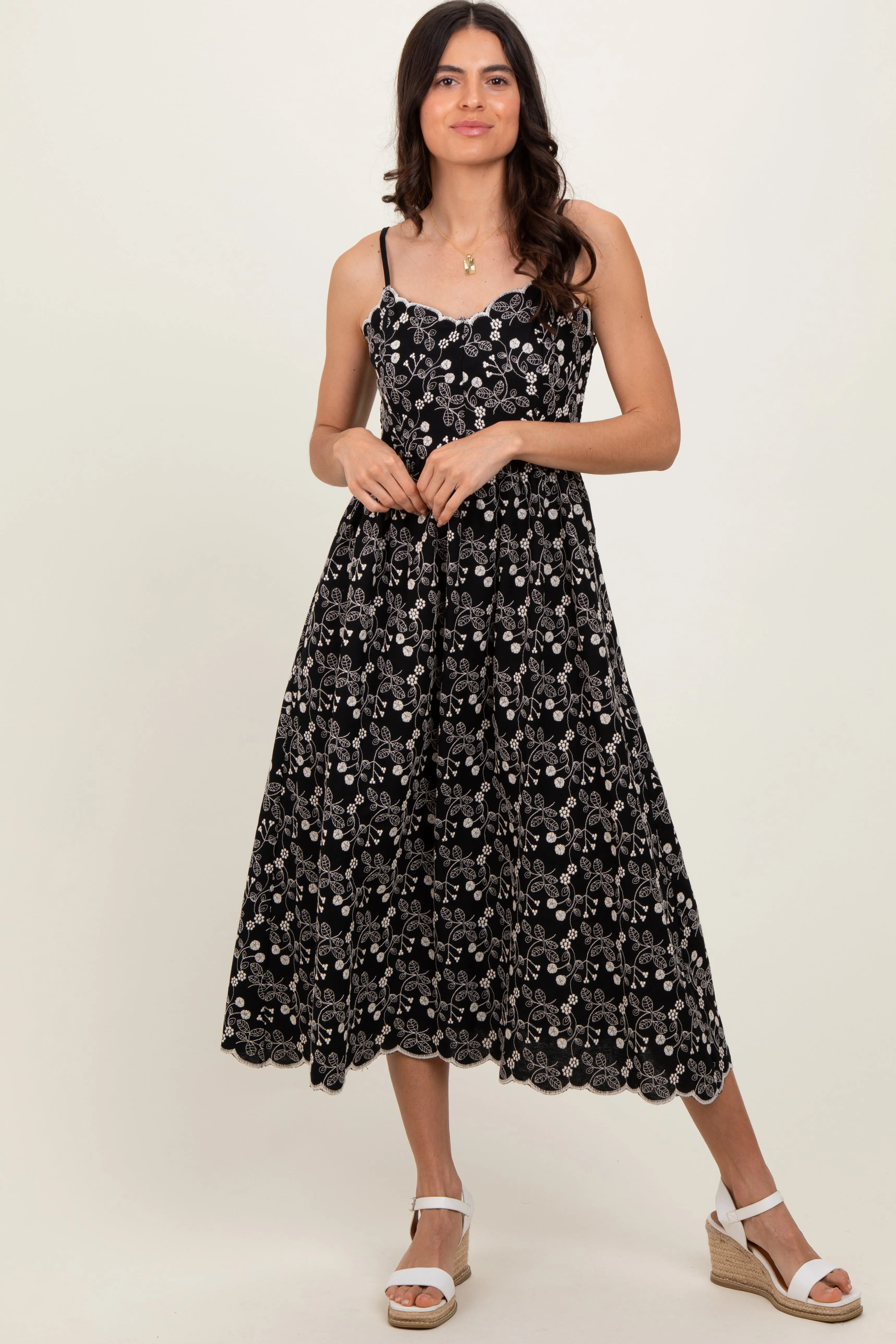 Black Floral Embroidered Scallop Detail Midi Dress sold by Pinkblush product image thumbnail 2