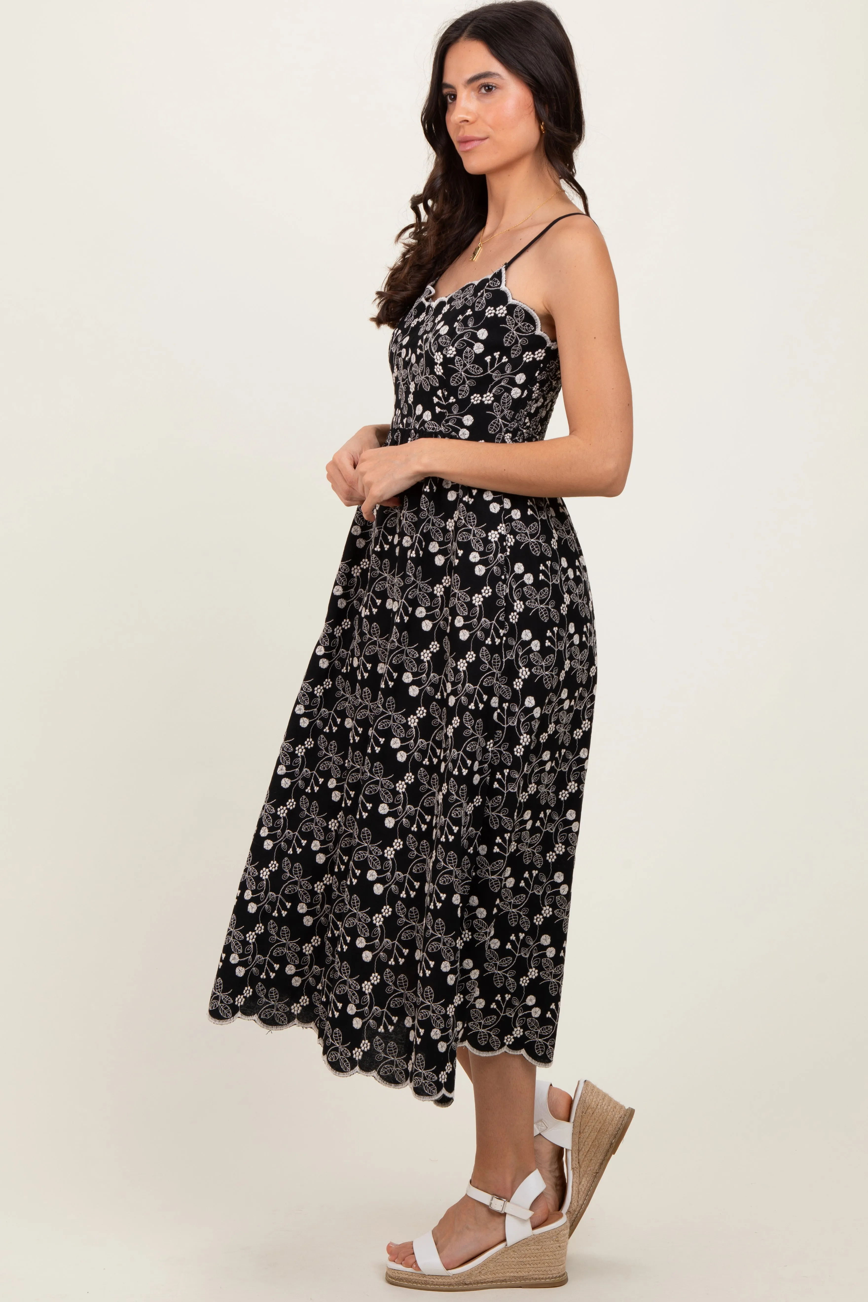 Black Floral Embroidered Scallop Detail Midi Dress sold by Pinkblush product image thumbnail 3