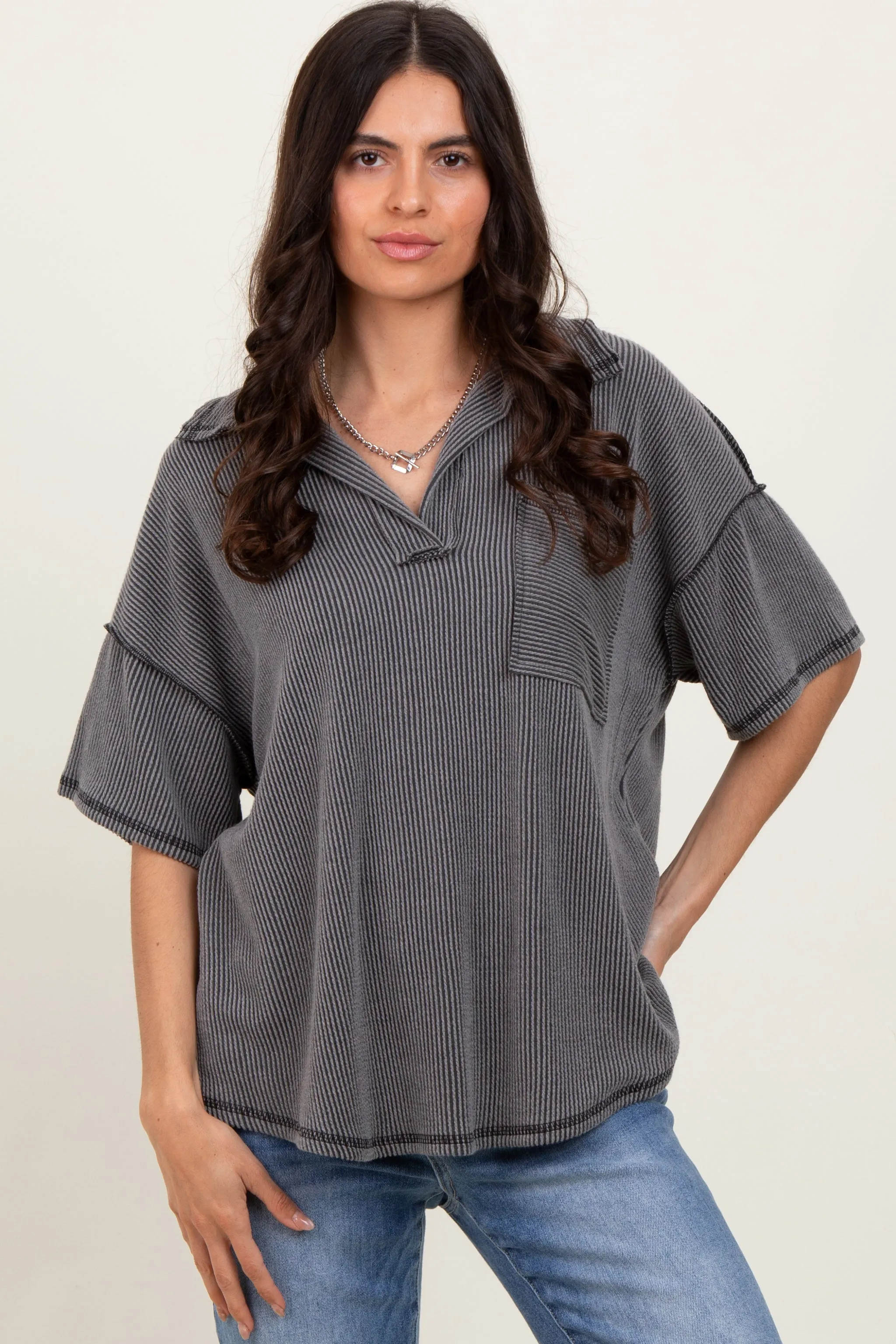 Charcoal Two Tone Ribbed Reverse Stitch Tunic Top sold by Pinkblush