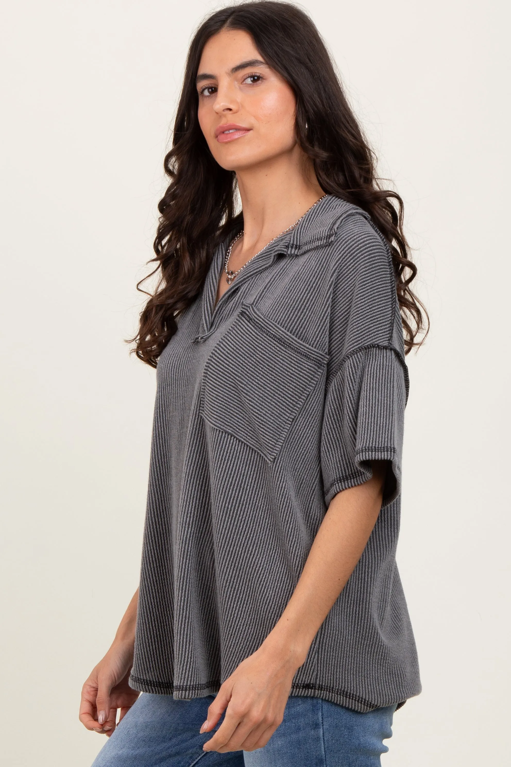 Charcoal Two Tone Ribbed Reverse Stitch Tunic Top sold by Pinkblush product image thumbnail 2