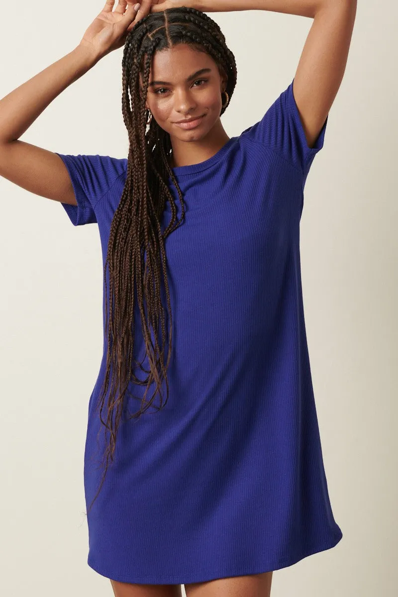 Navy Ribbed Knit Basic Short Sleeve T-Shirt Dress sold by Pinkblush product image thumbnail 4