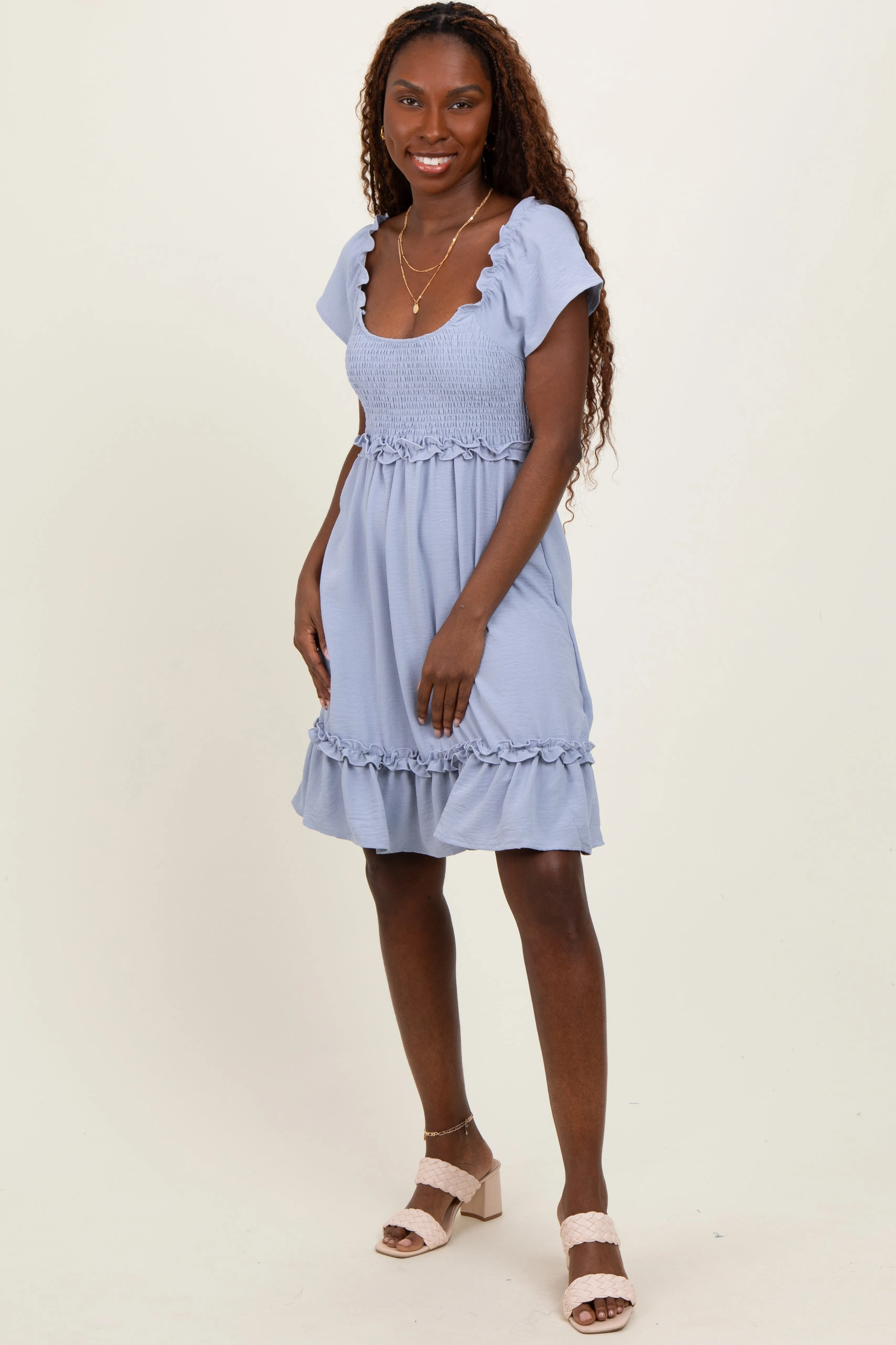 Blue Smocked Ruffle Detail Mini Dress sold by Pinkblush product image thumbnail 2