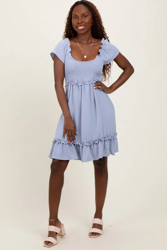 Blue Smocked Ruffle Detail Mini Dress sold by Pinkblush
