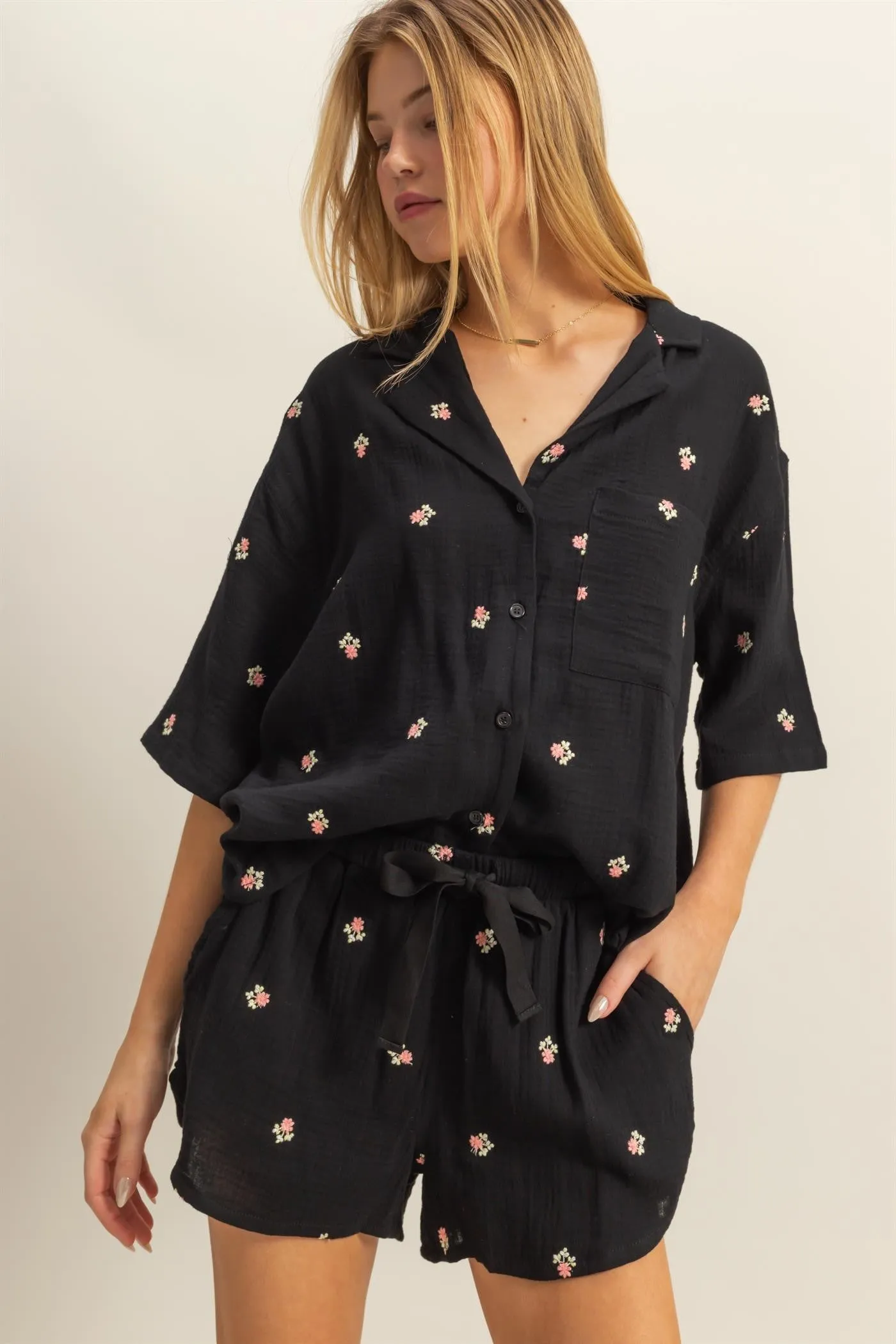 Black Floral Embroidered Top And Shorts Set sold by Pinkblush