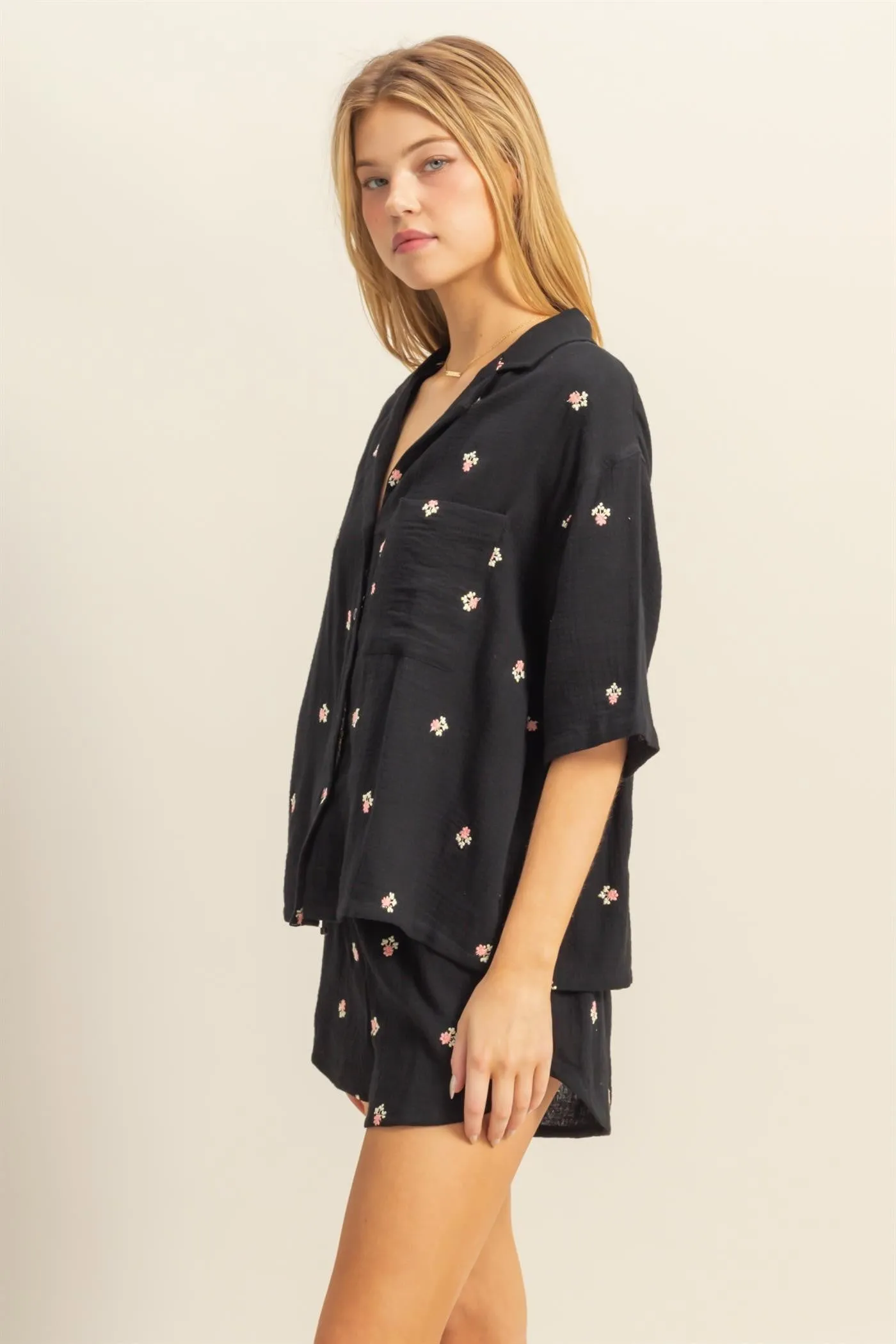 Black Floral Embroidered Top And Shorts Set sold by Pinkblush product image thumbnail 2
