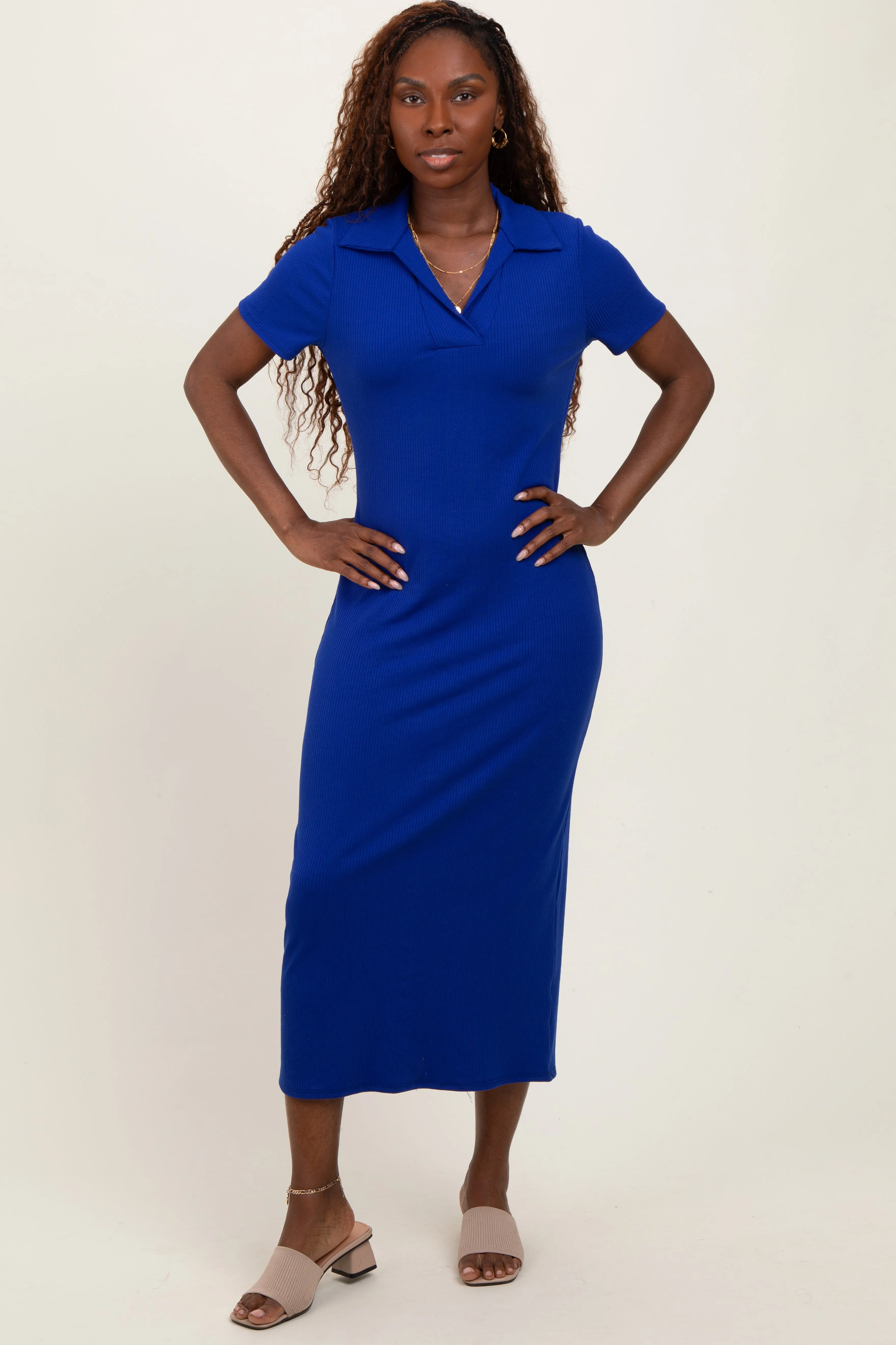 Royal Blue Ribbed Knit Polo Midi Dress sold by Pinkblush product image thumbnail 2