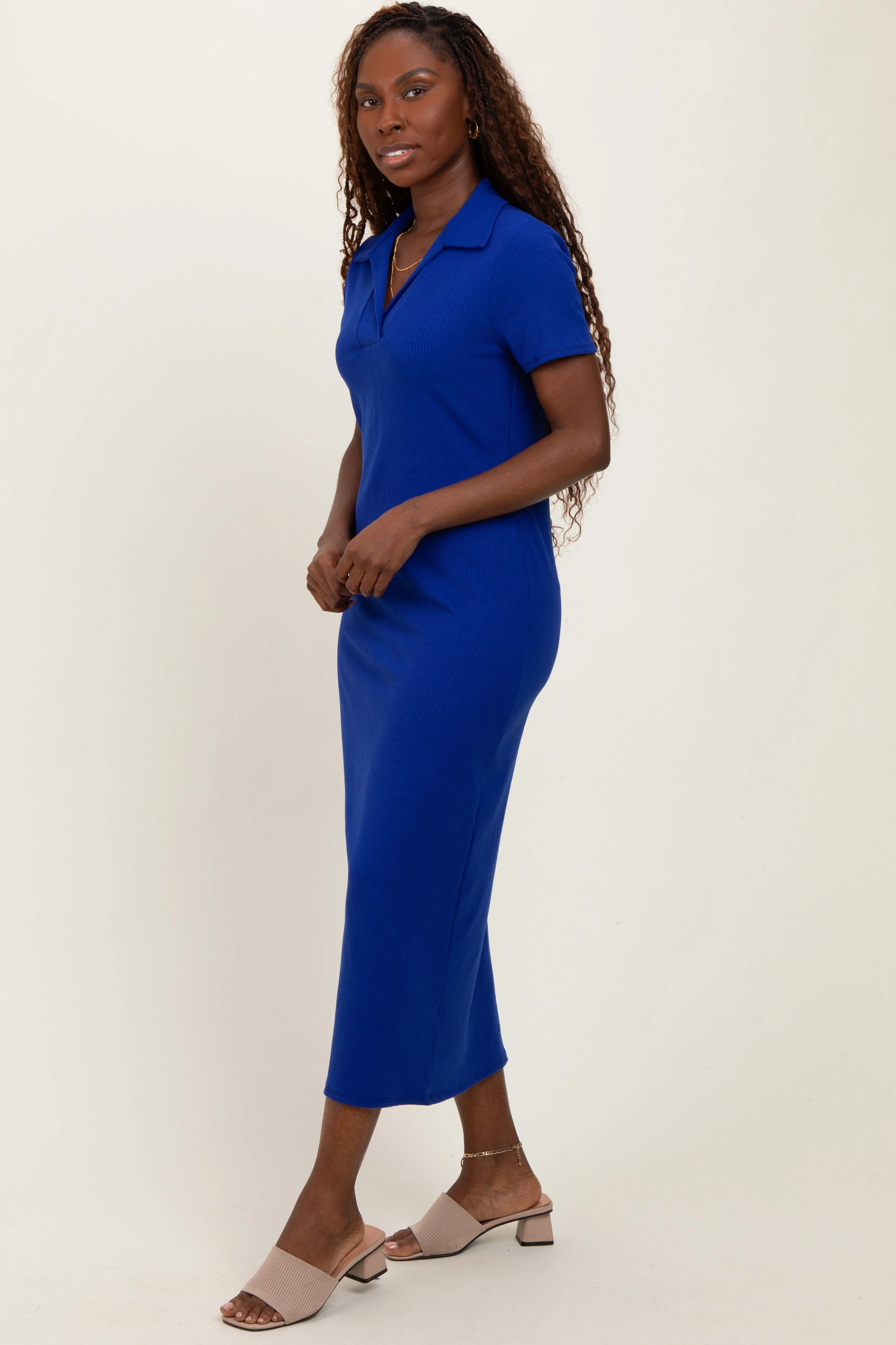 Royal Blue Ribbed Knit Polo Midi Dress sold by Pinkblush product image thumbnail 3