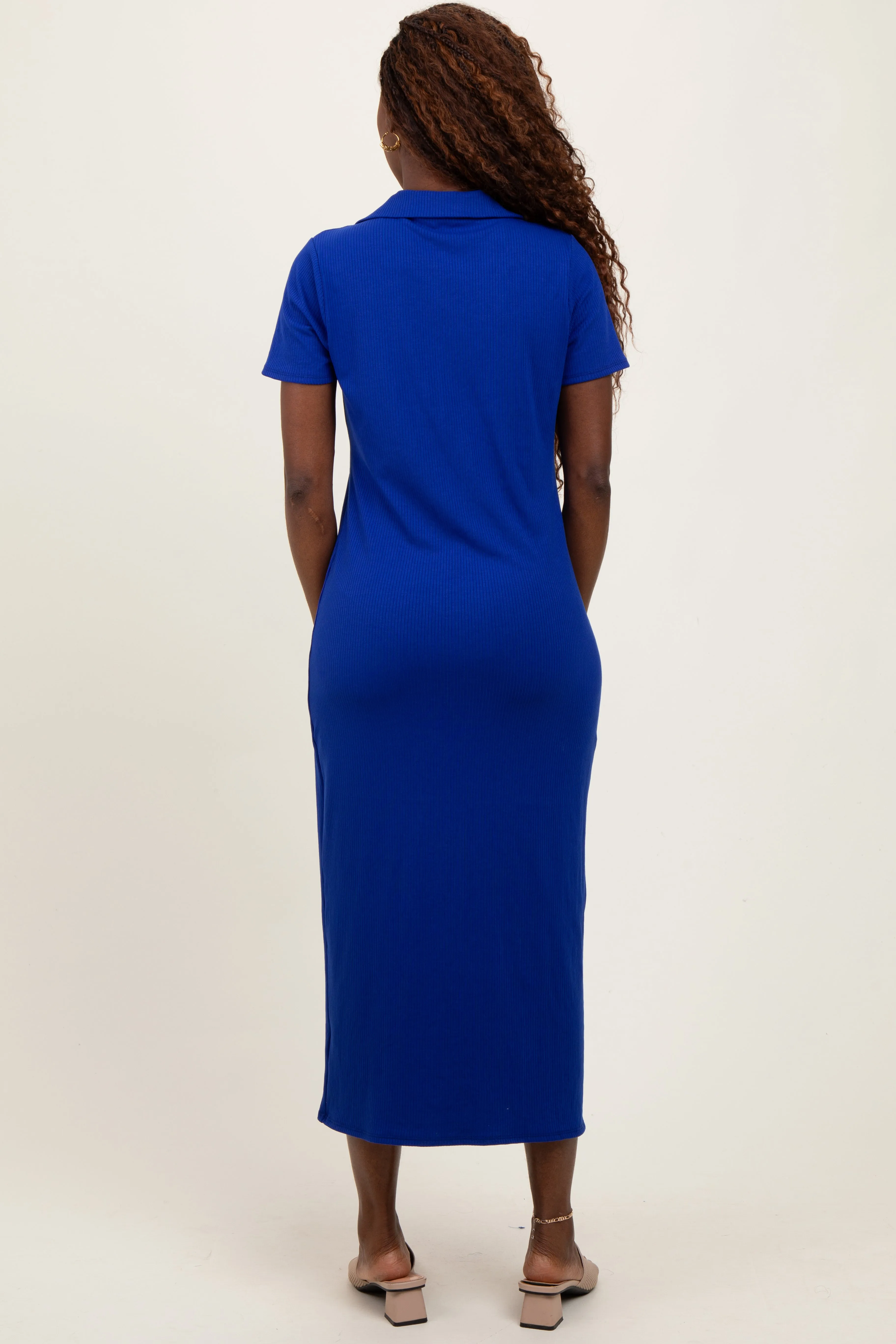 Royal Blue Ribbed Knit Polo Midi Dress sold by Pinkblush product image thumbnail 4