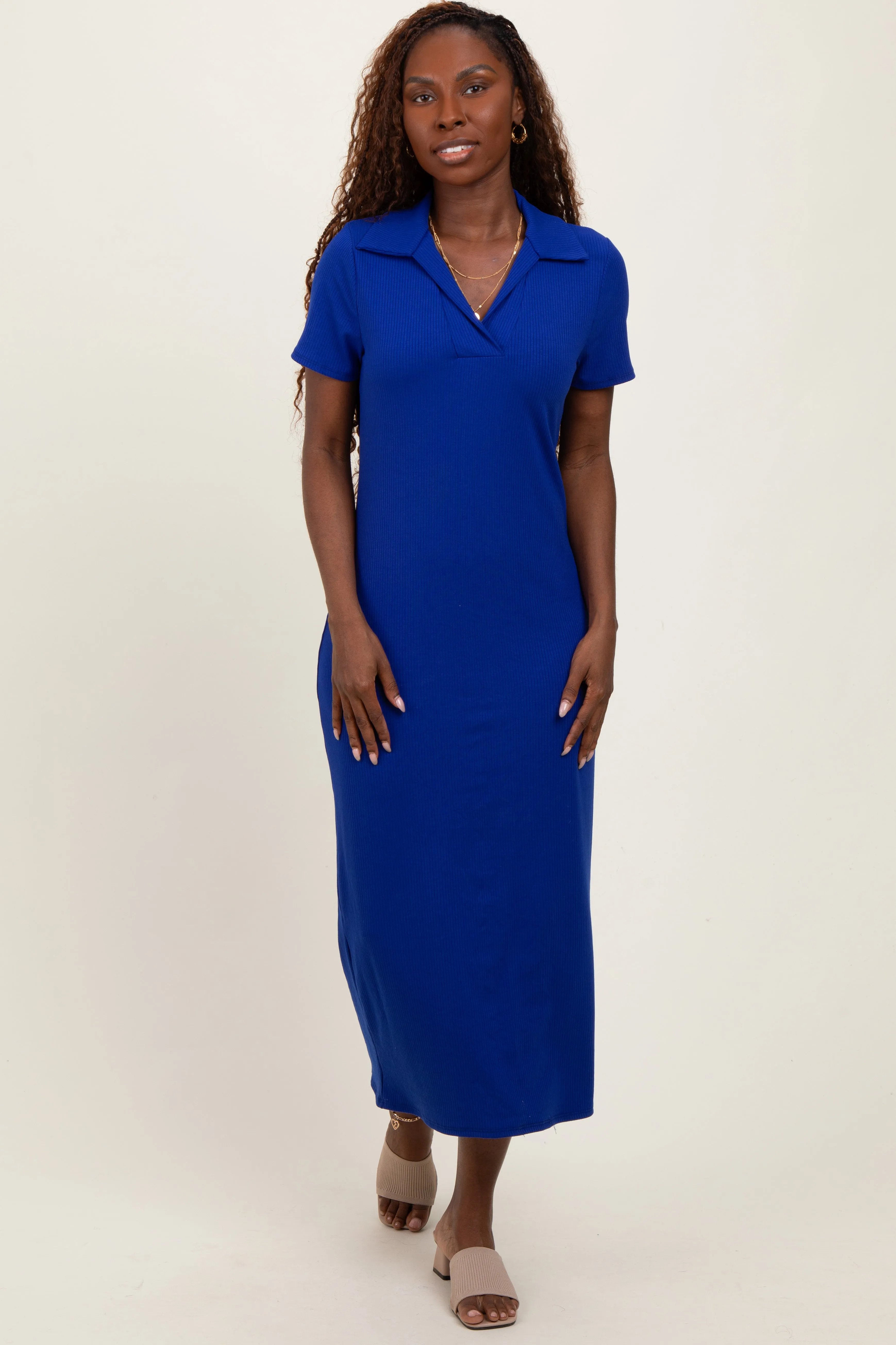 Royal Blue Ribbed Knit Polo Midi Dress sold by Pinkblush