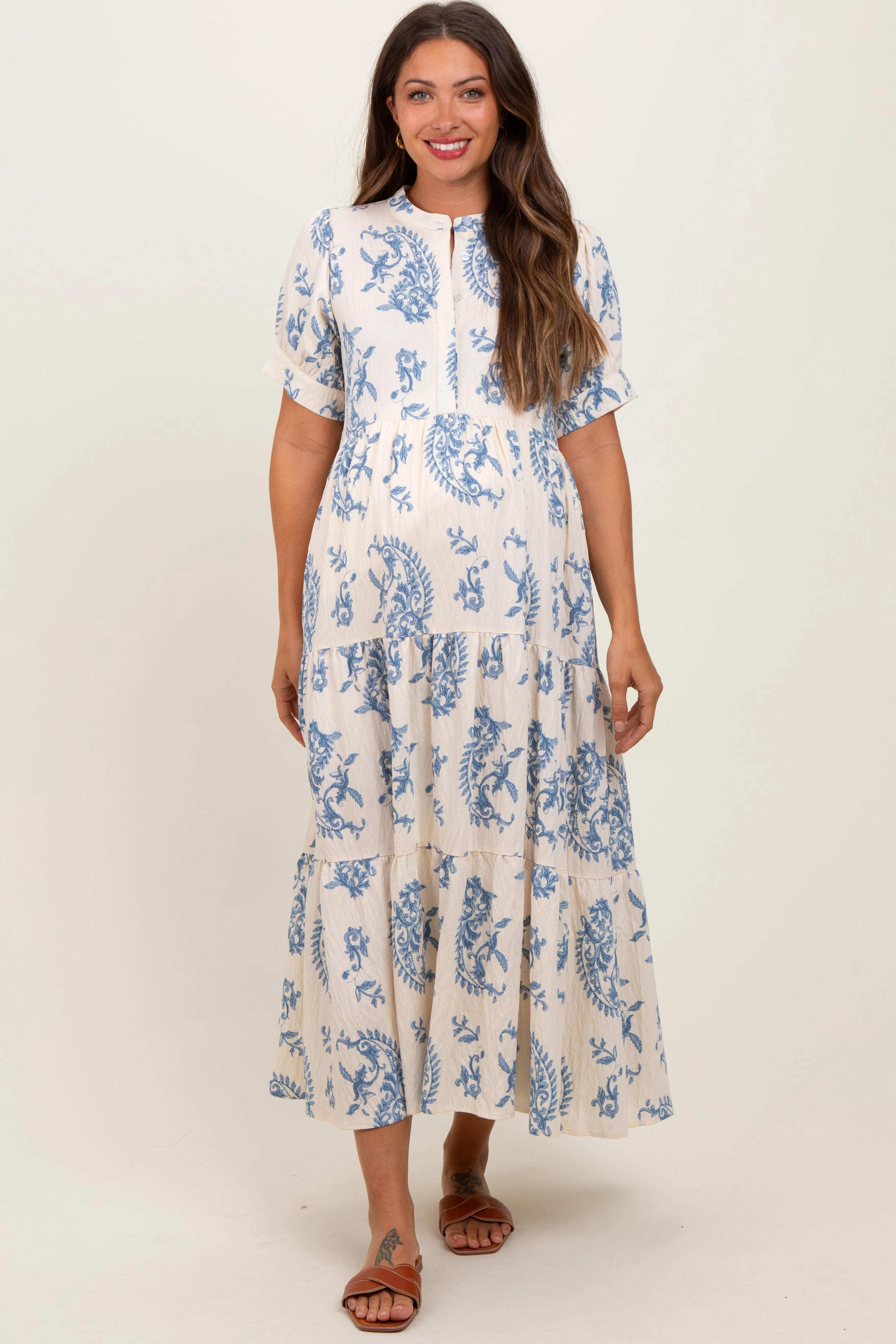 Blue Paisley Button Up Tiered Maternity Maxi Dress sold by Pinkblush
