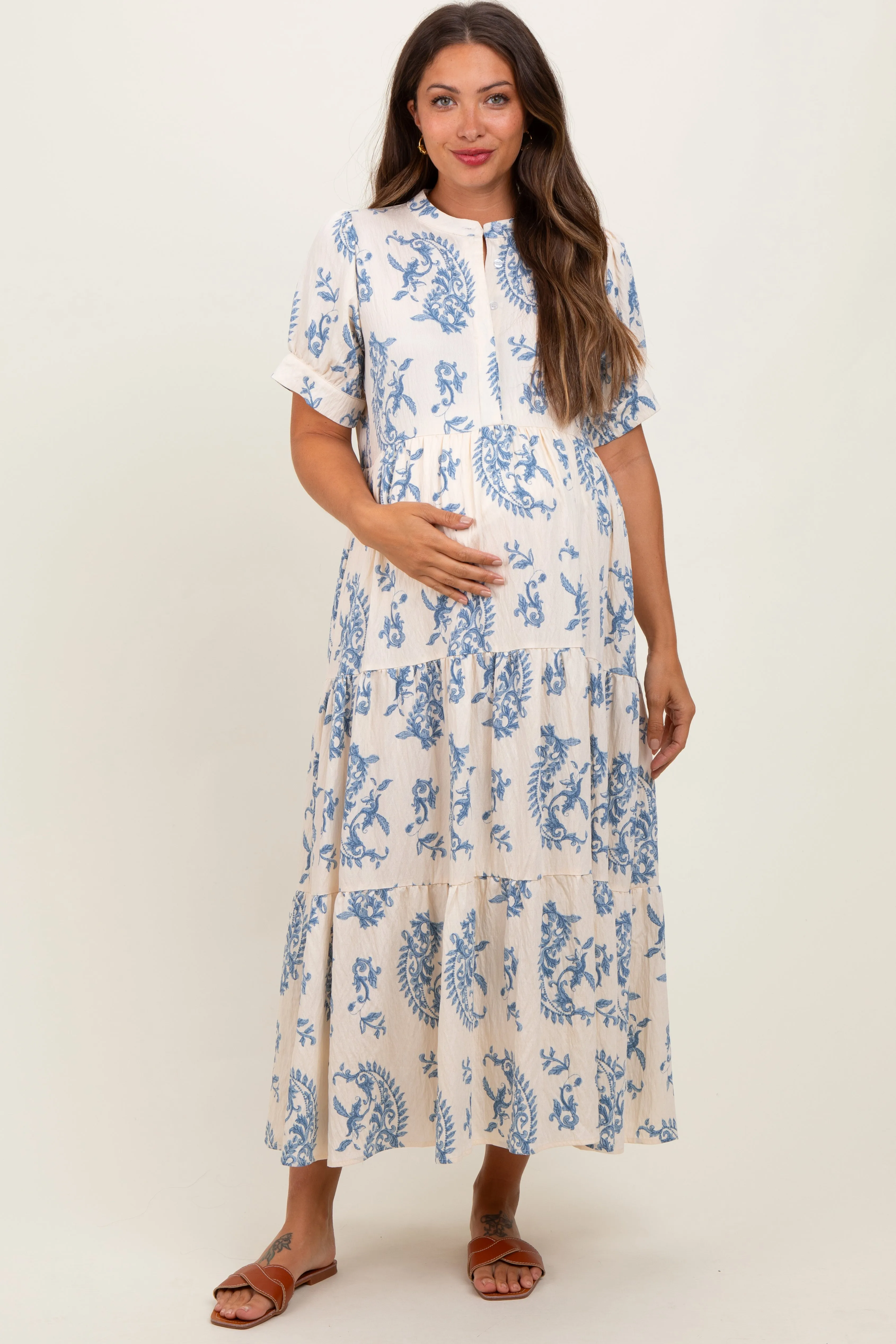 Blue Paisley Button Up Tiered Maternity Maxi Dress sold by Pinkblush product image thumbnail 2