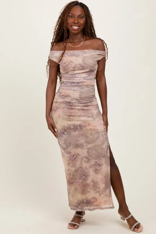 Light Taupe Floral Off Shoulder Ruched Maxi Dress sold by Pinkblush
