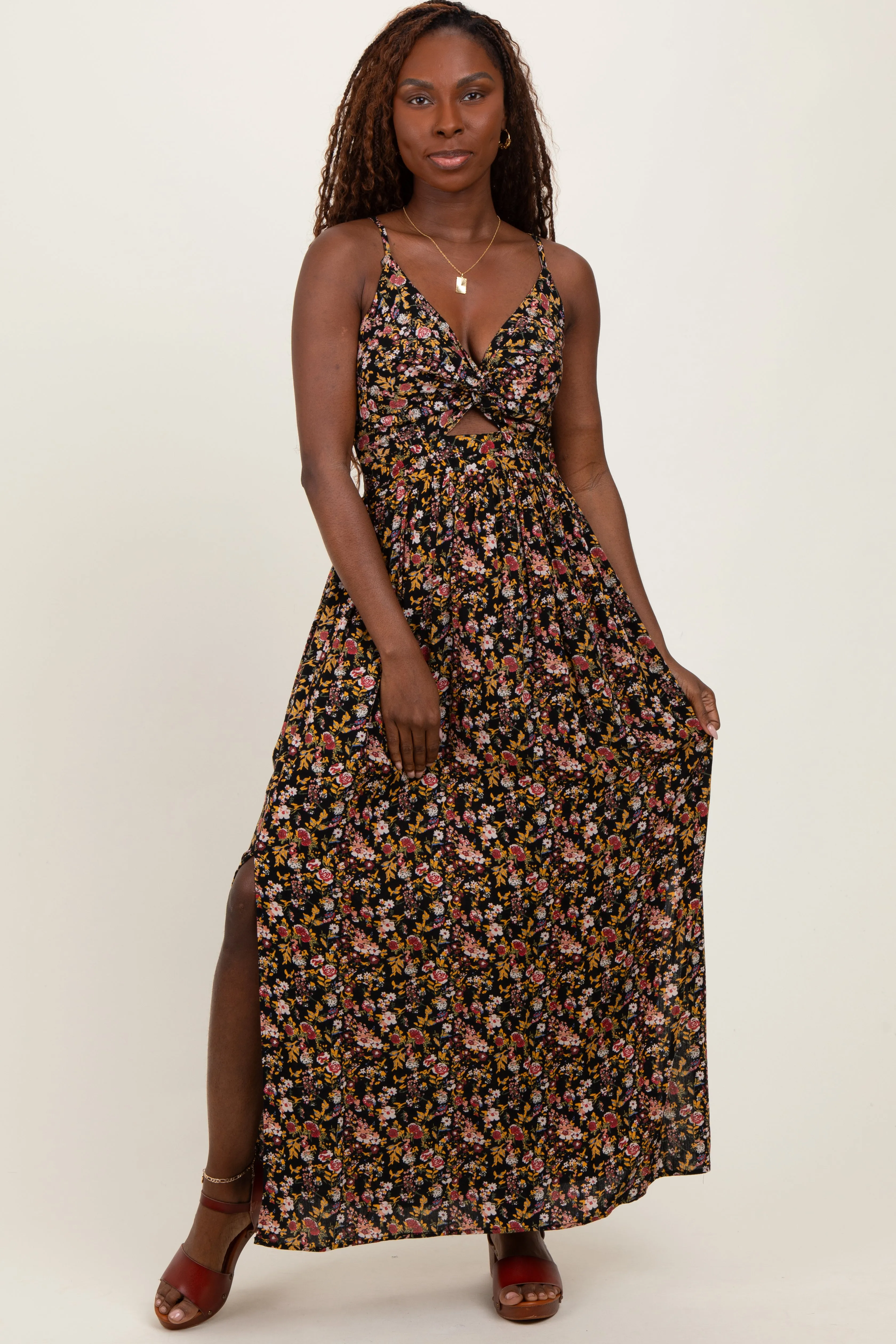 Black Floral Twist Front Cutout Maxi Dress sold by Pinkblush product image thumbnail 2