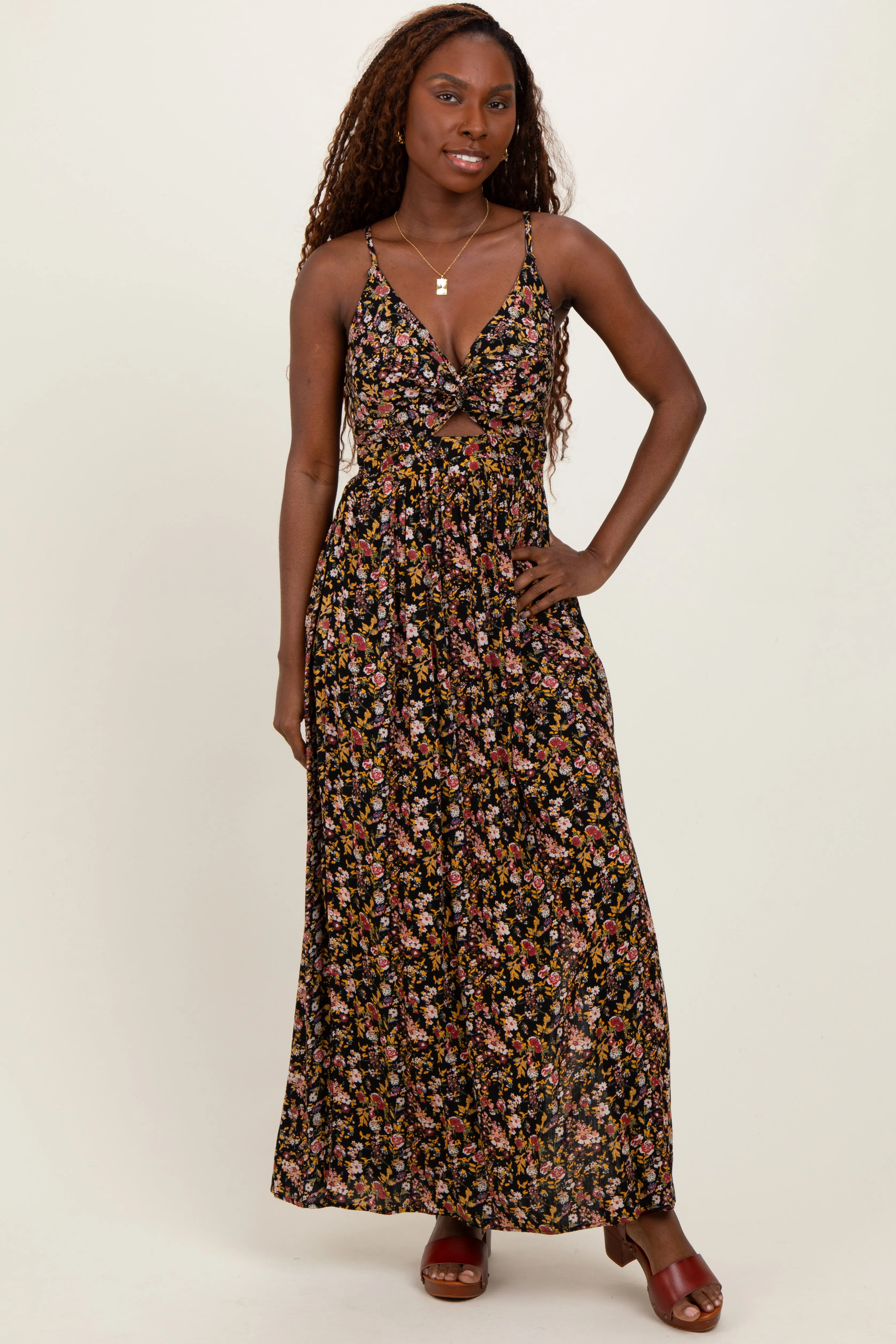 Black Floral Twist Front Cutout Maxi Dress sold by Pinkblush