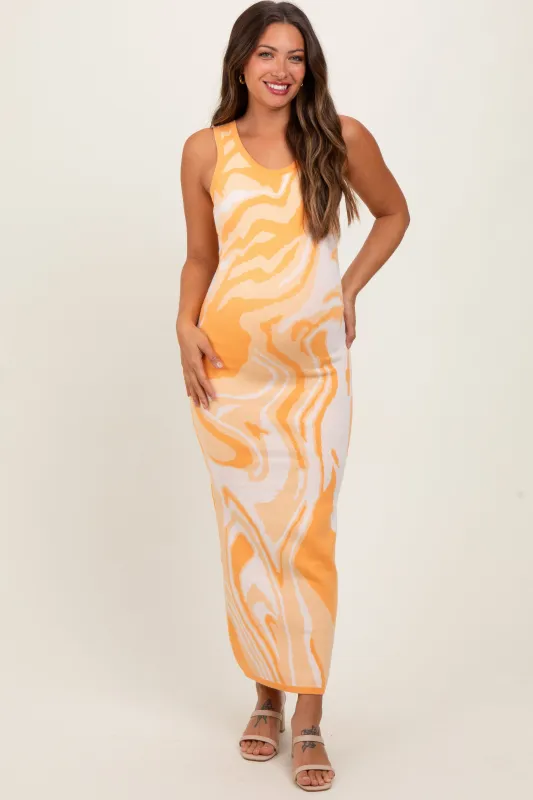 Yellow Abstract Print Knit Fitted Maternity Midi Dress sold by Pinkblush
