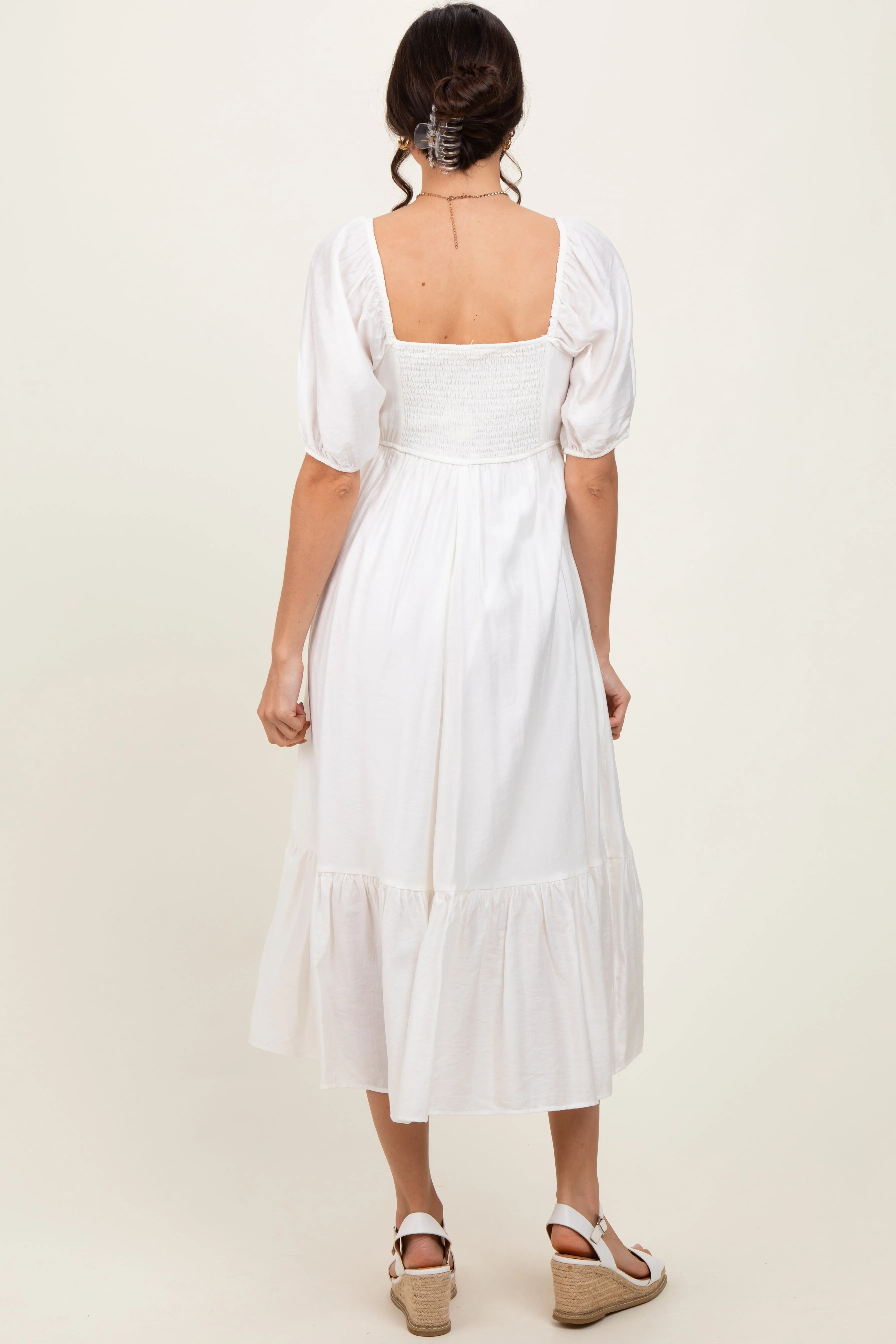 White Pleated Bodice Puff Sleeve Midi Dress sold by Pinkblush product image thumbnail 4
