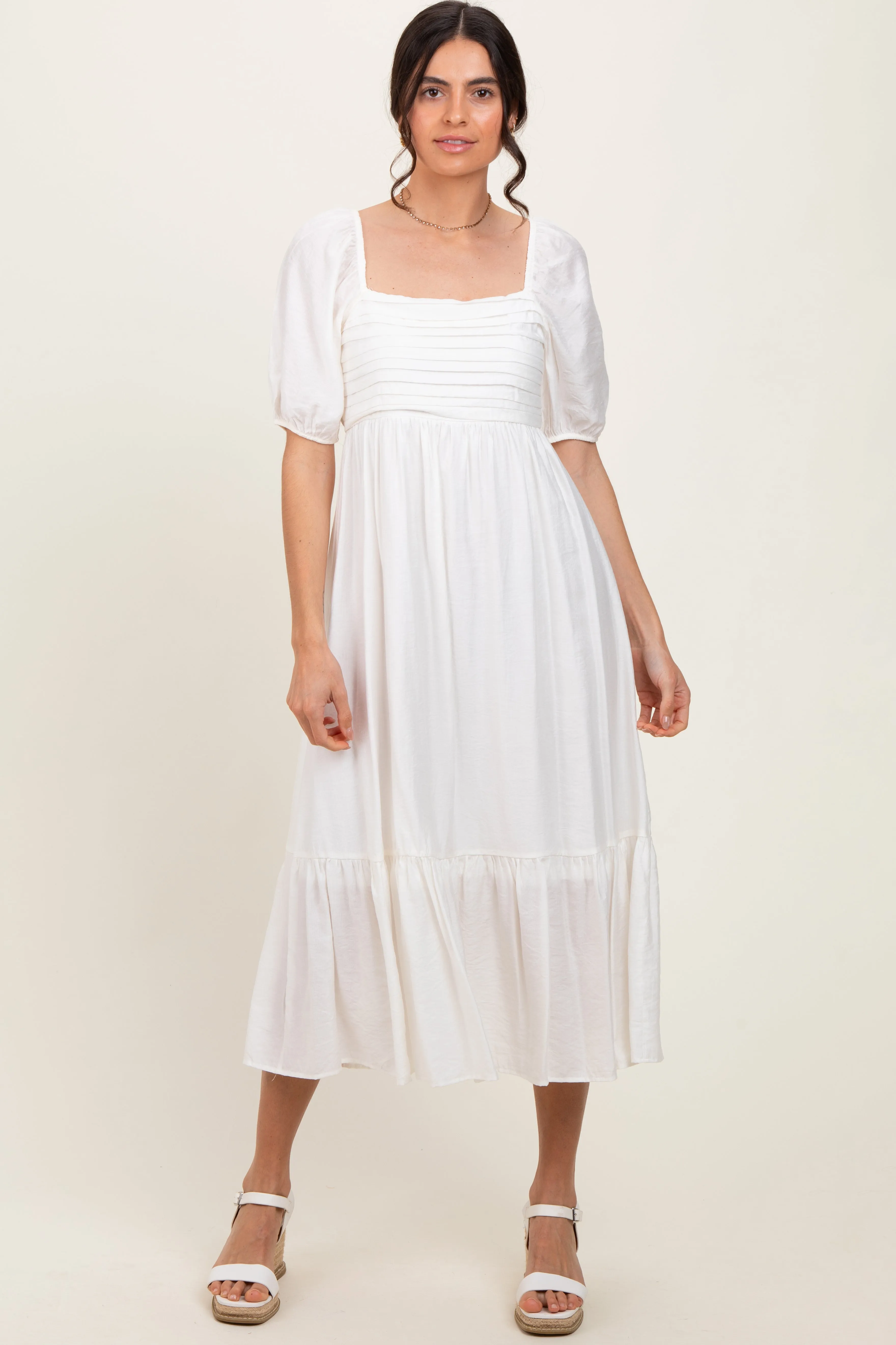 White Pleated Bodice Puff Sleeve Midi Dress sold by Pinkblush
