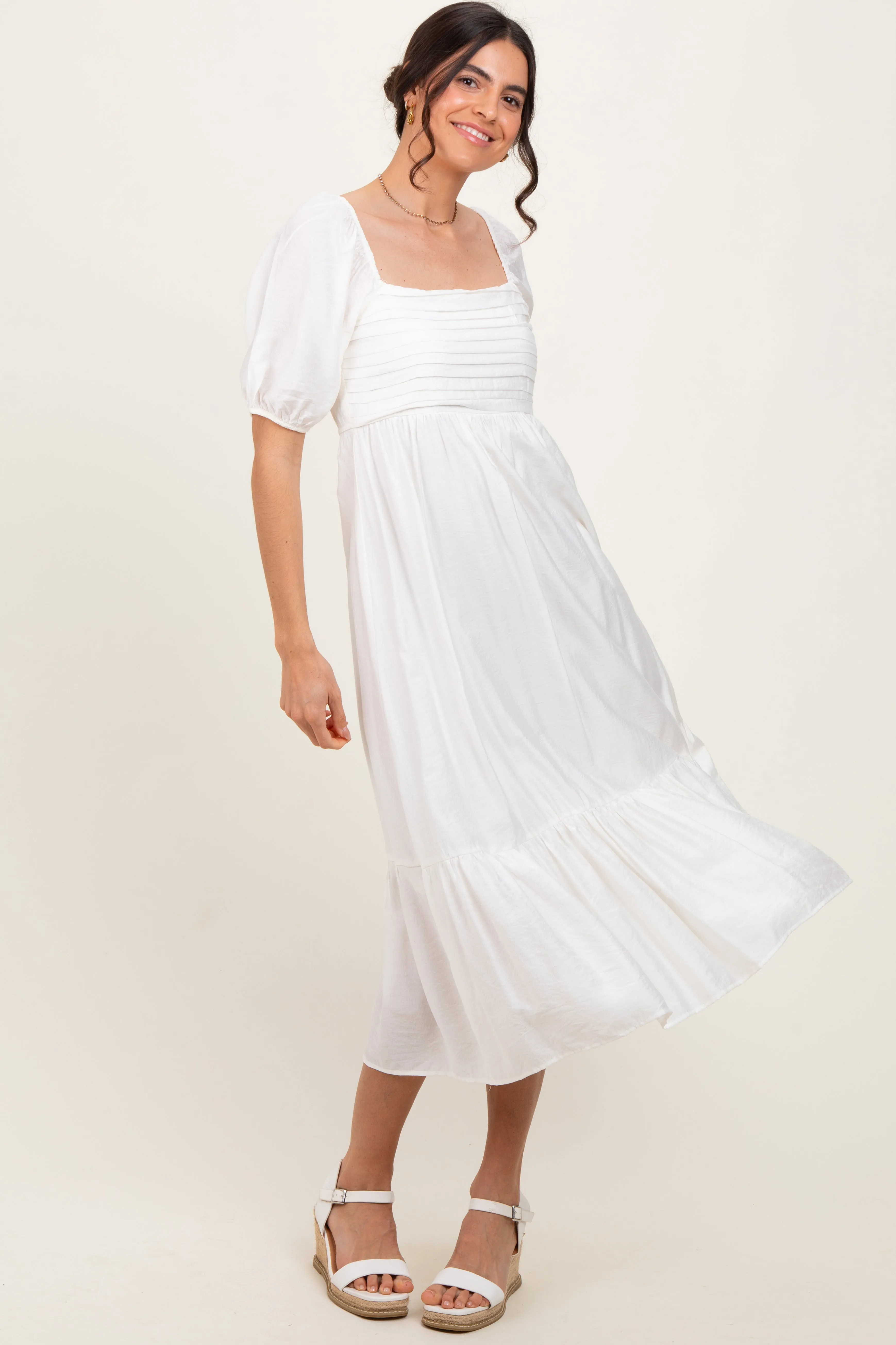 White Pleated Bodice Puff Sleeve Midi Dress sold by Pinkblush product image thumbnail 2