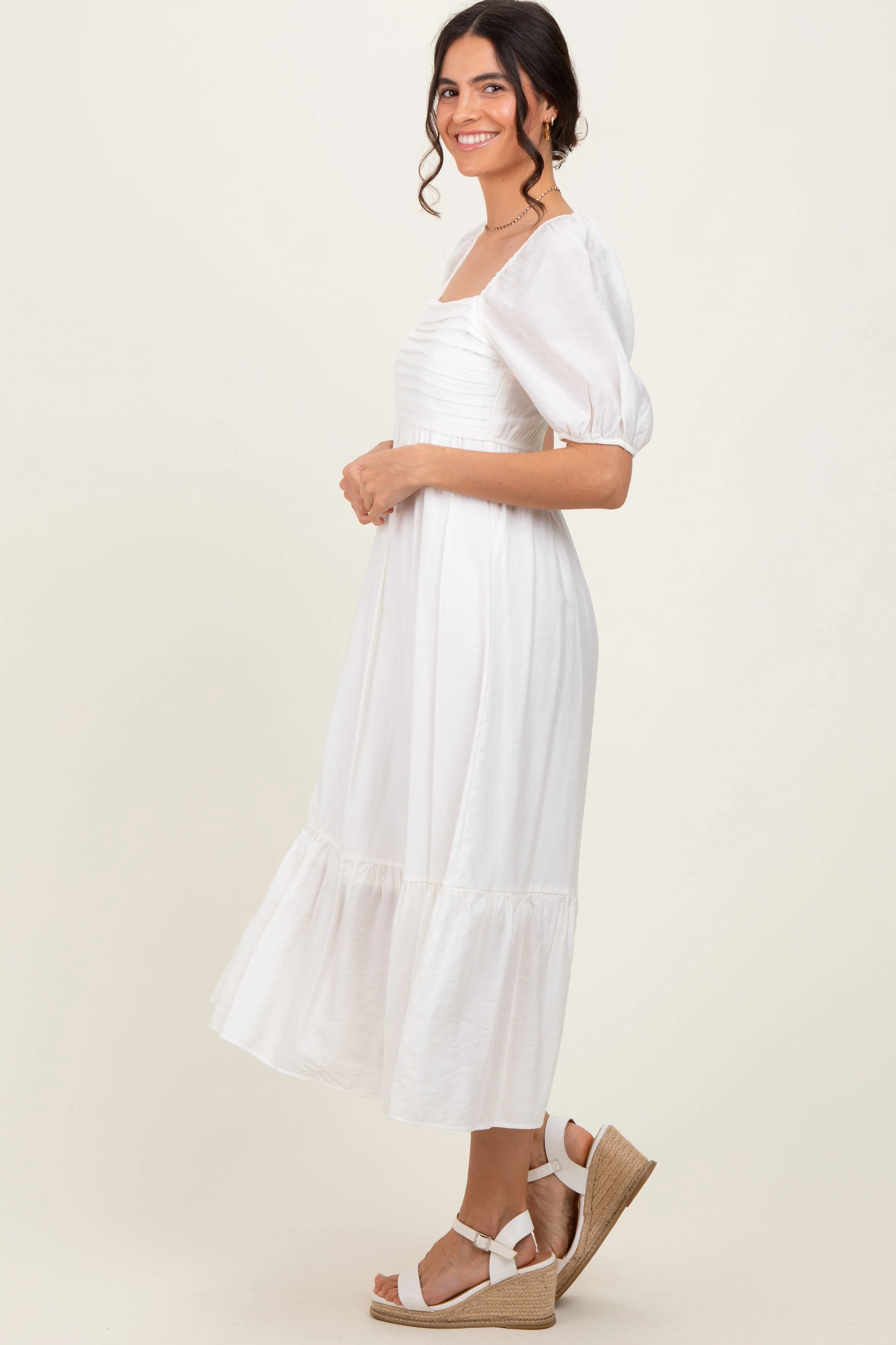 White Pleated Bodice Puff Sleeve Midi Dress sold by Pinkblush product image thumbnail 3