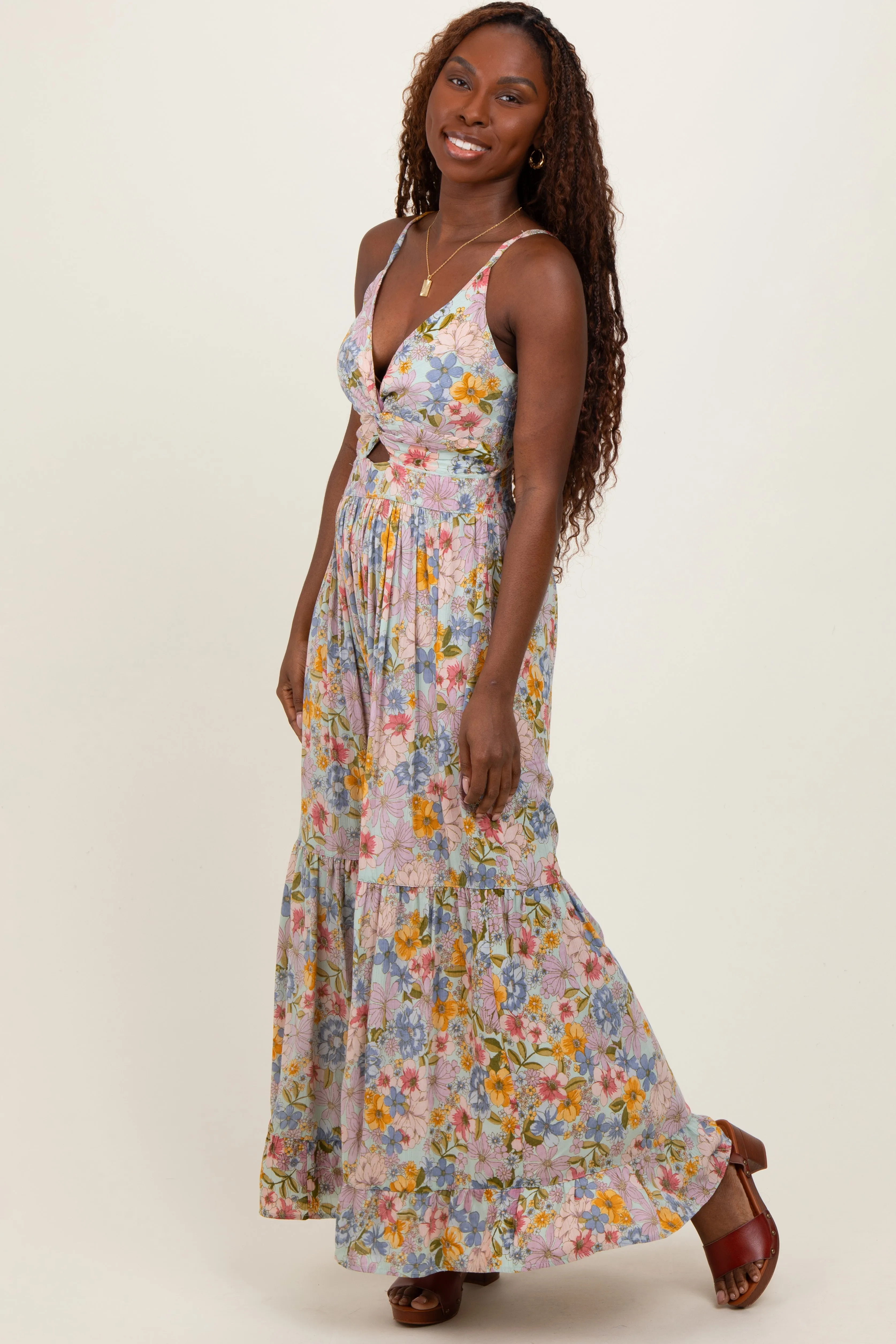 Mint Green Floral Twist Front Cutout Maxi Dress sold by Pinkblush