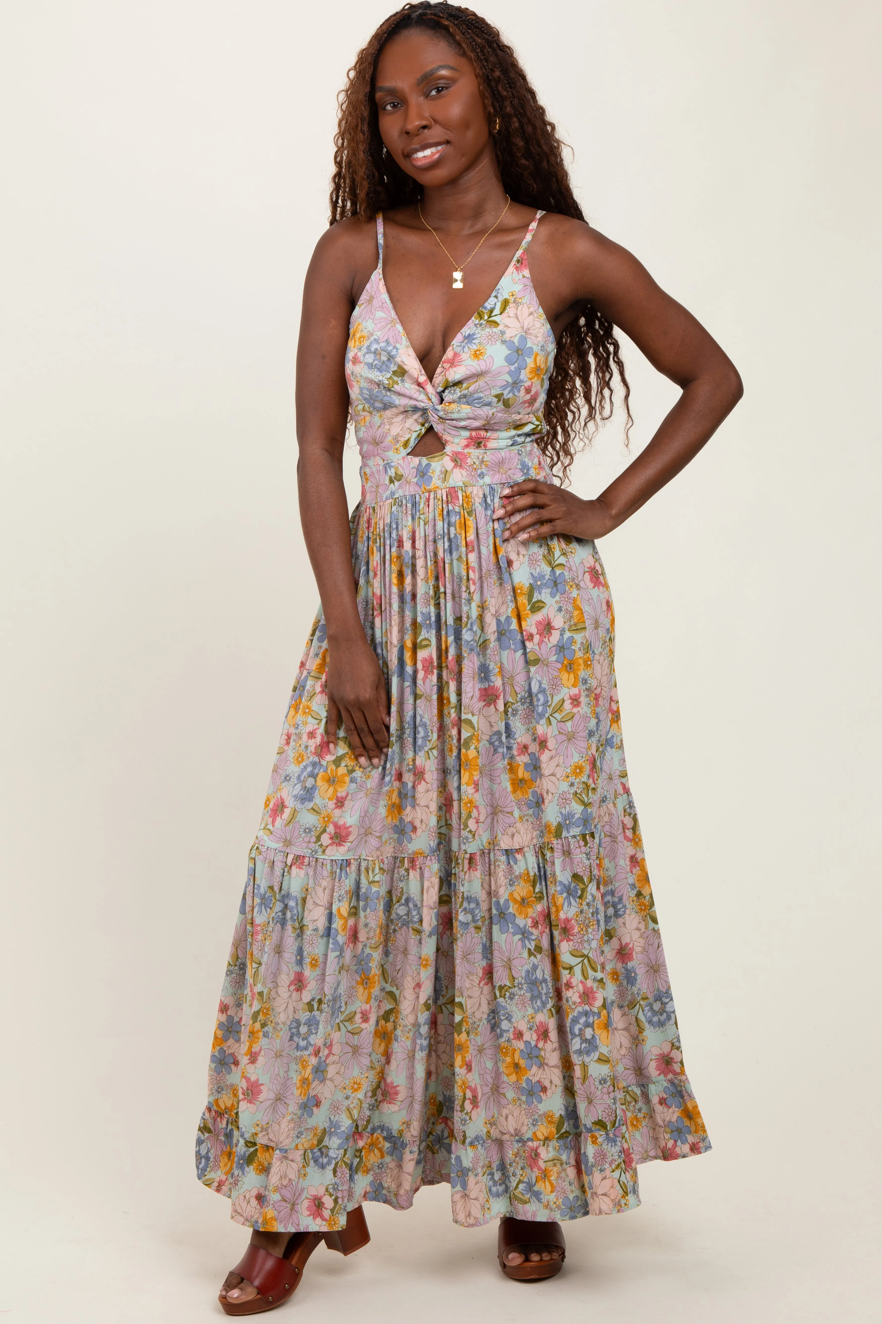 Mint Green Floral Twist Front Cutout Maxi Dress sold by Pinkblush product image thumbnail 2
