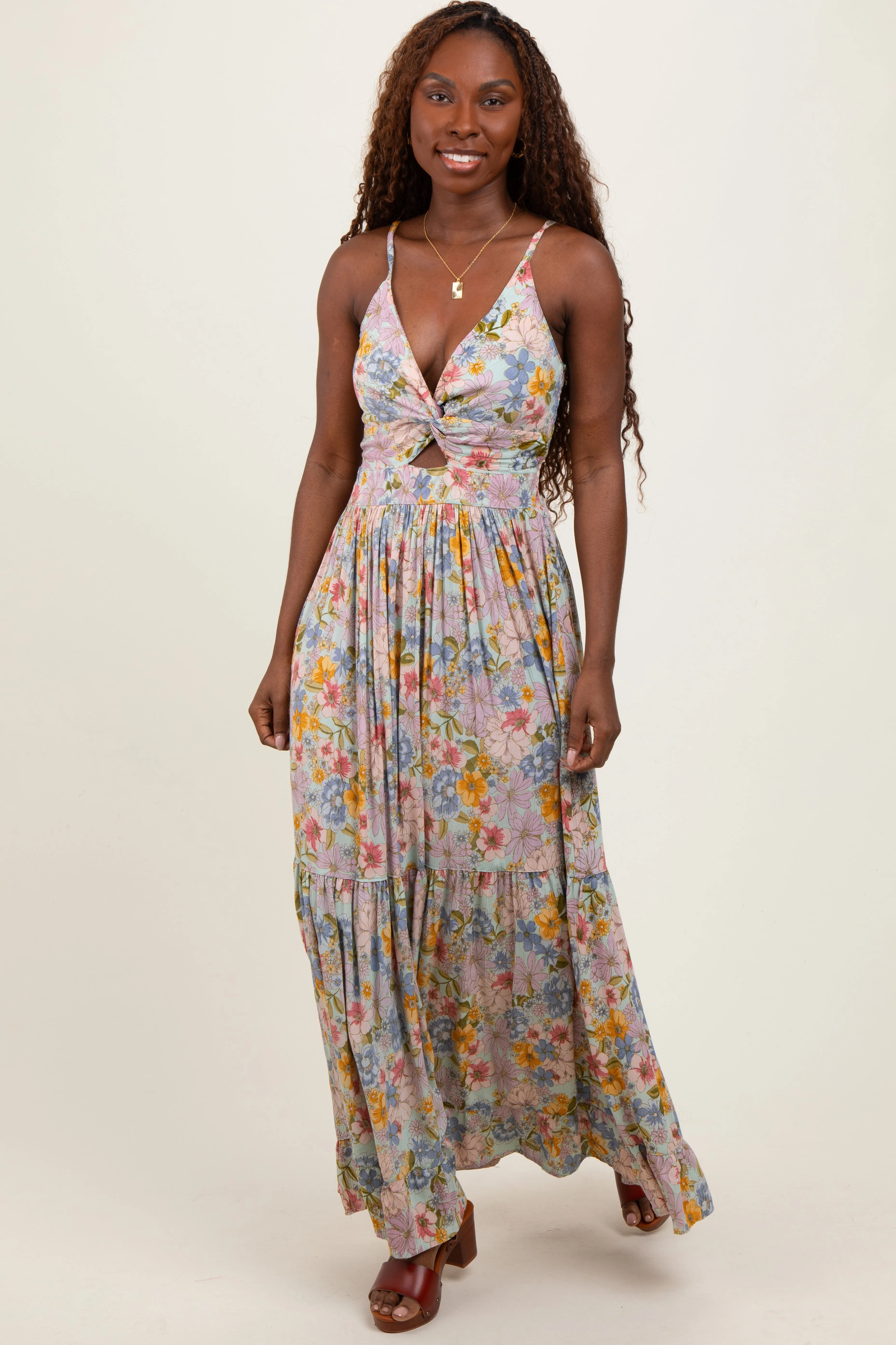 Mint Green Floral Twist Front Cutout Maxi Dress sold by Pinkblush product image thumbnail 3