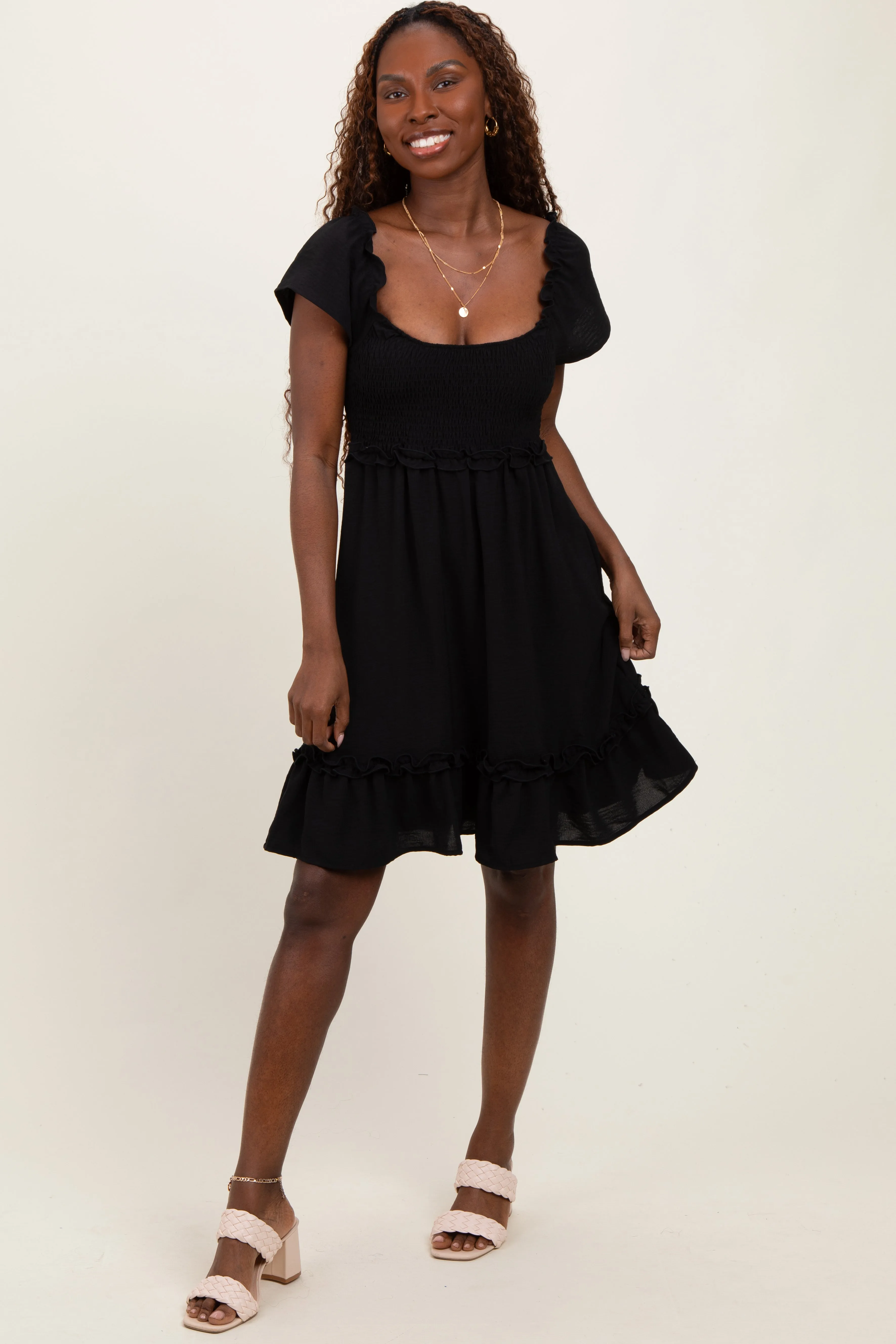 Black Smocked Ruffle Detail Mini Dress sold by Pinkblush product image thumbnail 2