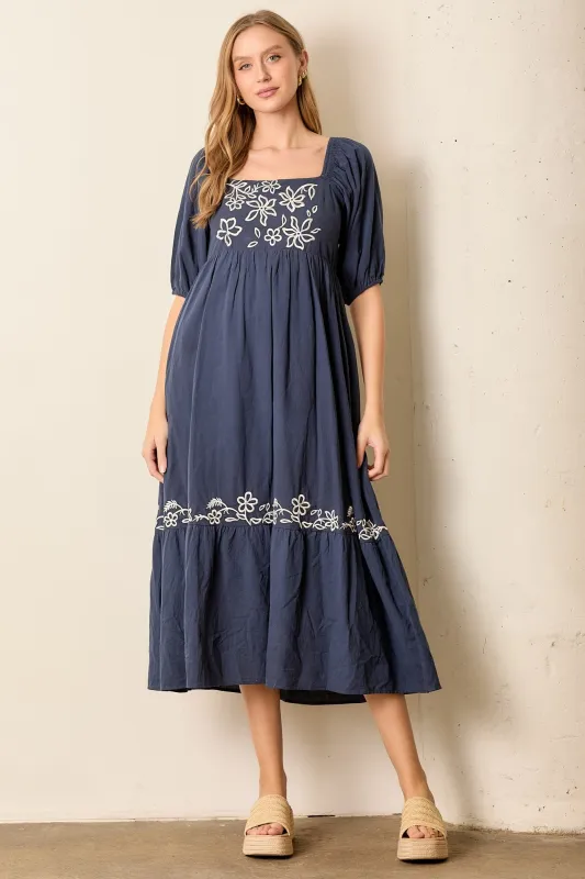 Navy Embroidered Floral Square Neck Maxi Dress sold by Pinkblush