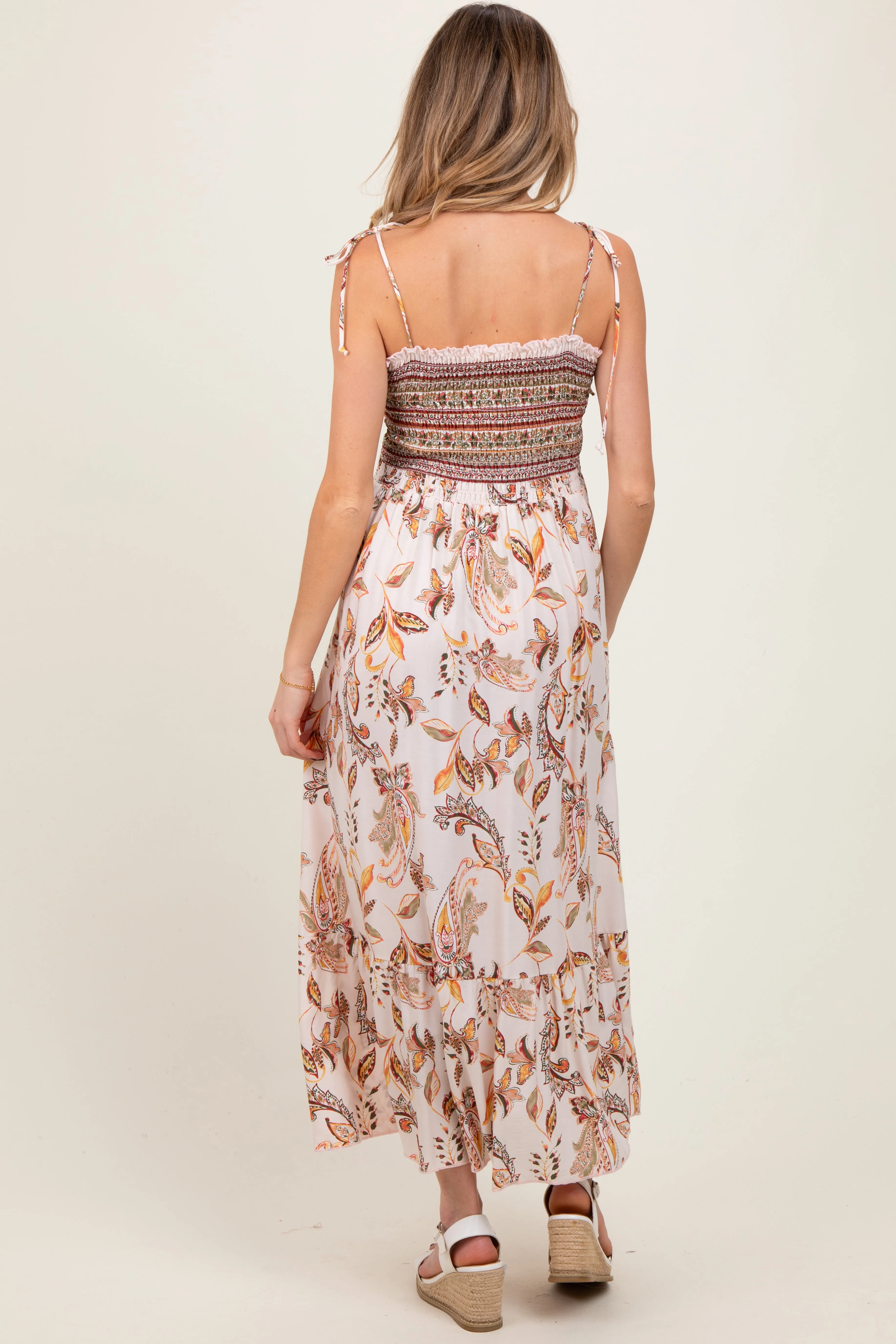 Ivory Paisley Shoulder Tie Smocked Maternity Maxi Dress sold by Pinkblush product image thumbnail 4