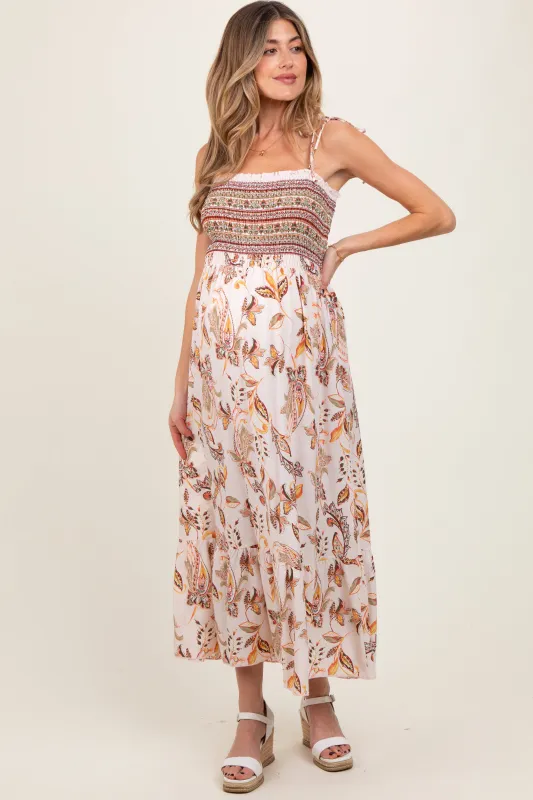 Ivory Paisley Shoulder Tie Smocked Maternity Maxi Dress sold by Pinkblush