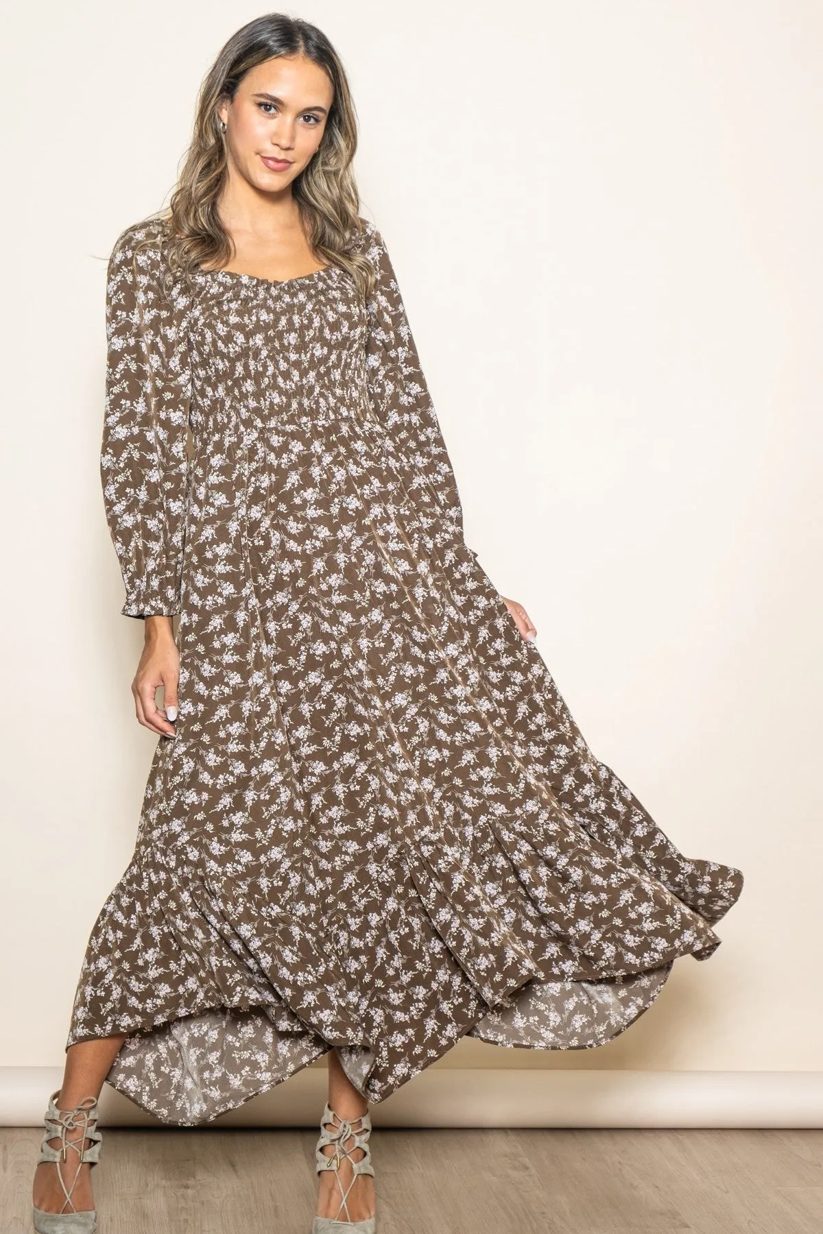 Brown Floral Smocked Handkerchief Hem Maxi Dress sold by Pinkblush product image thumbnail 2