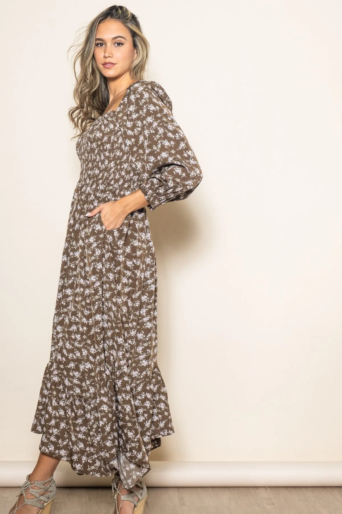 Brown Floral Smocked Handkerchief Hem Maxi Dress sold by Pinkblush product image thumbnail 3