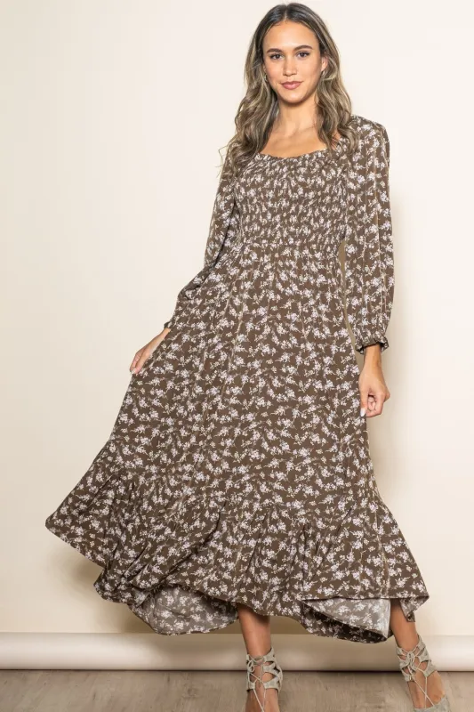 Brown Floral Smocked Handkerchief Hem Maxi Dress sold by Pinkblush