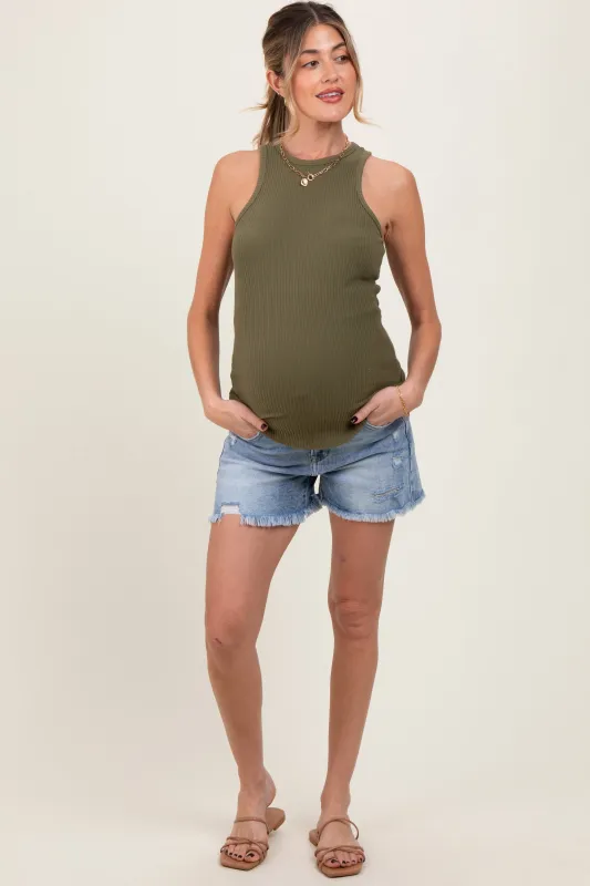 Light Blue Distressed Fringe Hem Maternity Shorts sold by Pinkblush