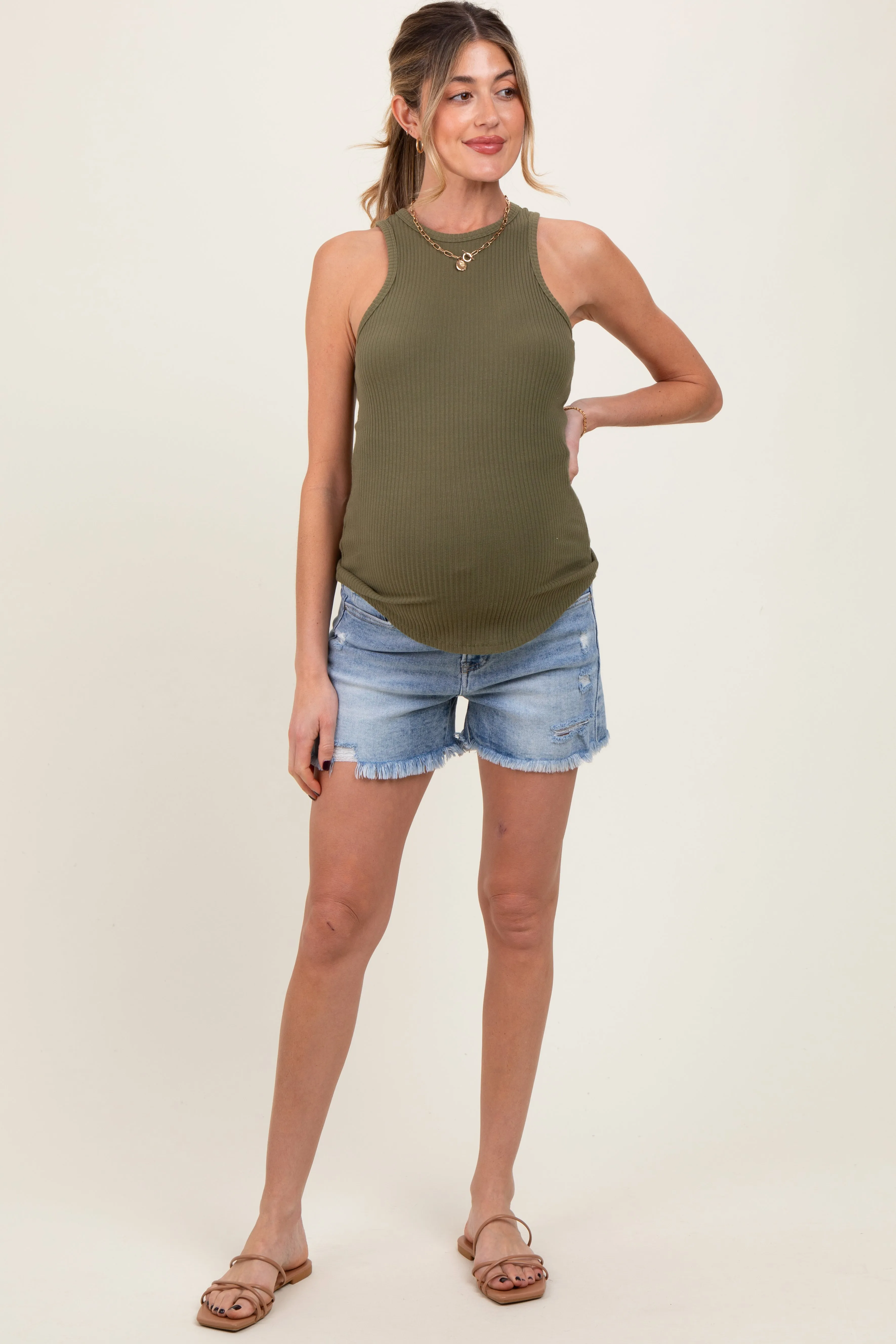 Light Blue Distressed Fringe Hem Maternity Shorts sold by Pinkblush product image thumbnail 2