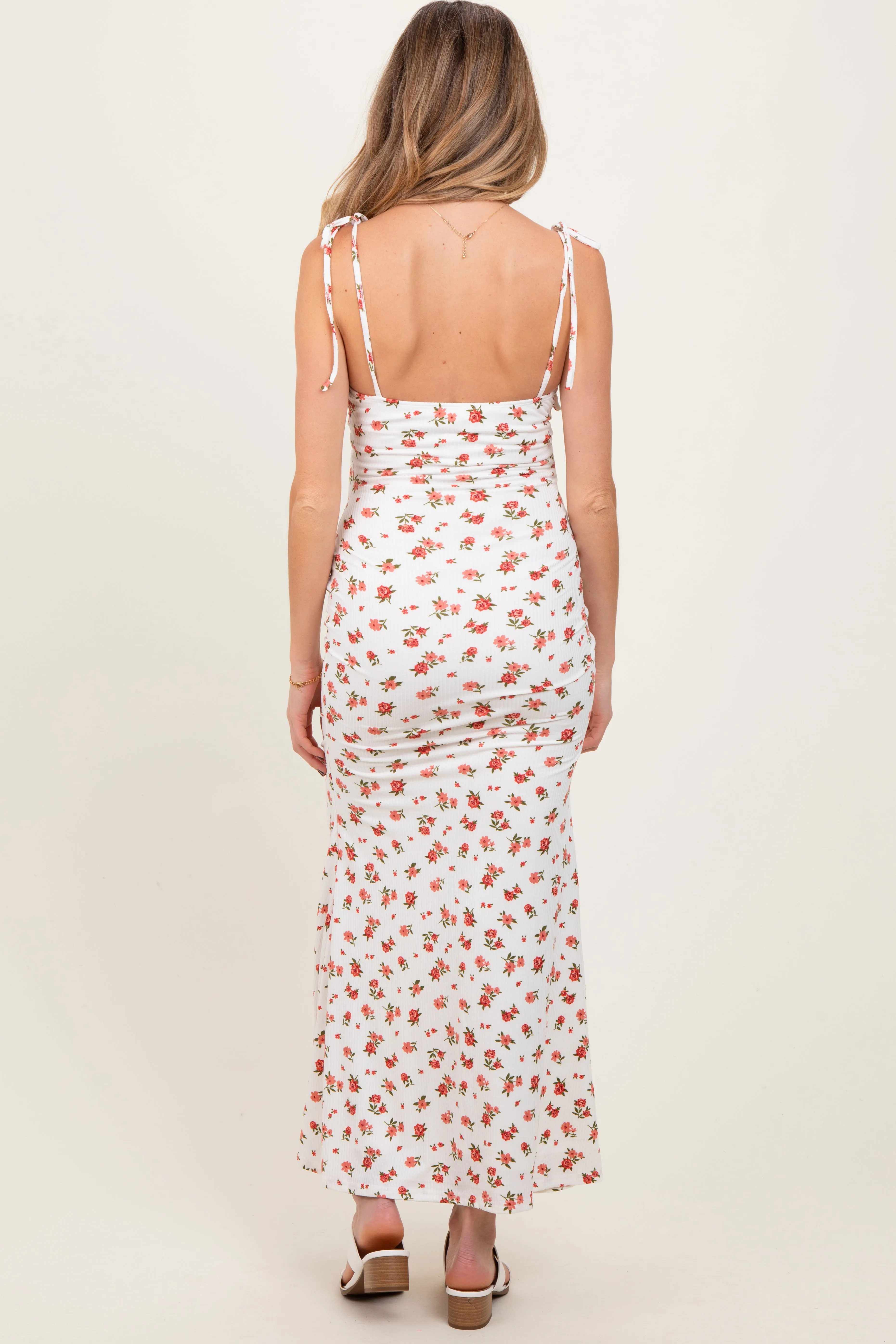 Red Ribbed Floral Shoulder Tie Maternity Maxi Dress sold by Pinkblush product image thumbnail 4