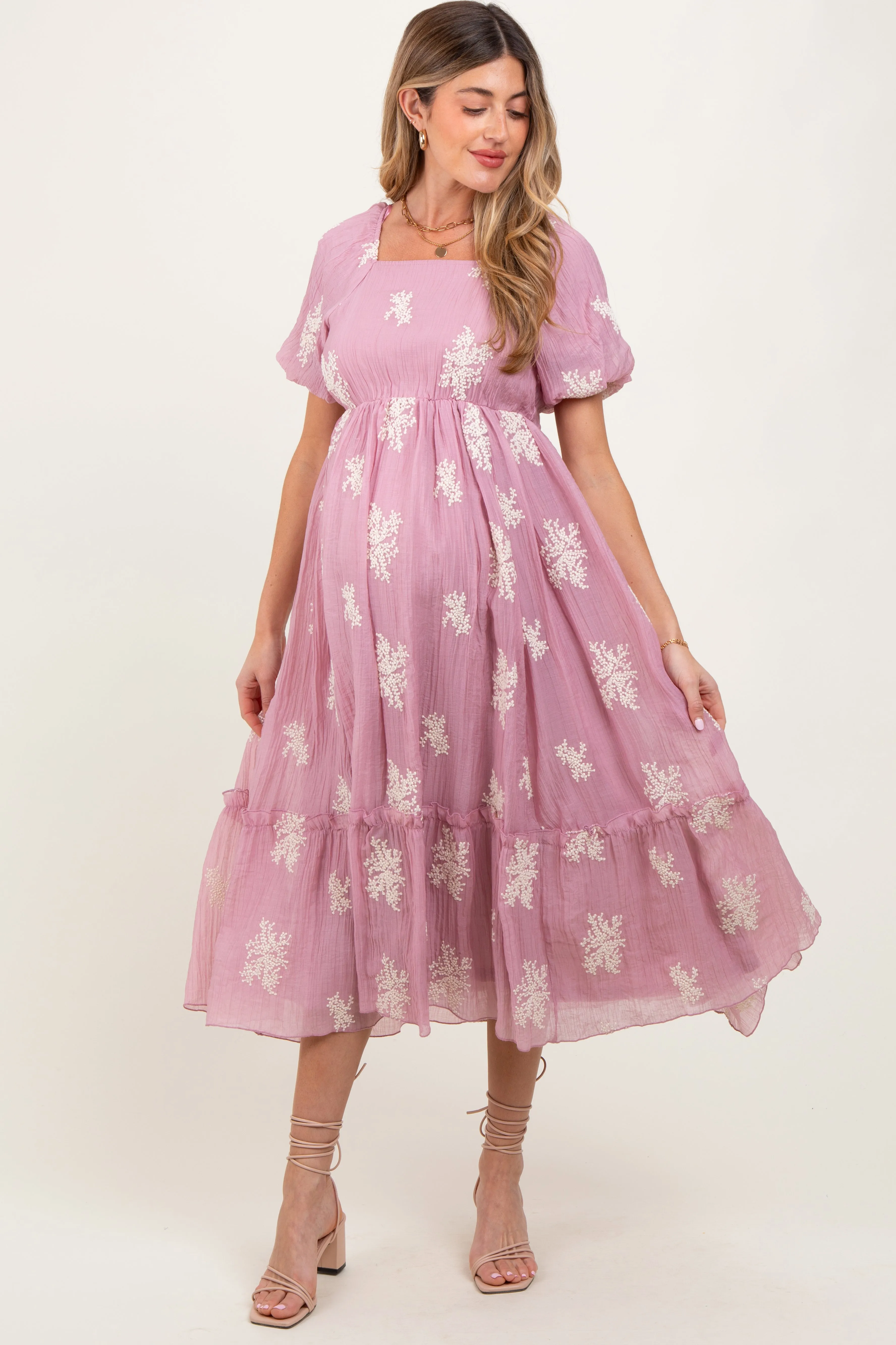 Mauve Floral Print Ruffle Hem Maternity Midi Dress sold by Pinkblush product image thumbnail 2