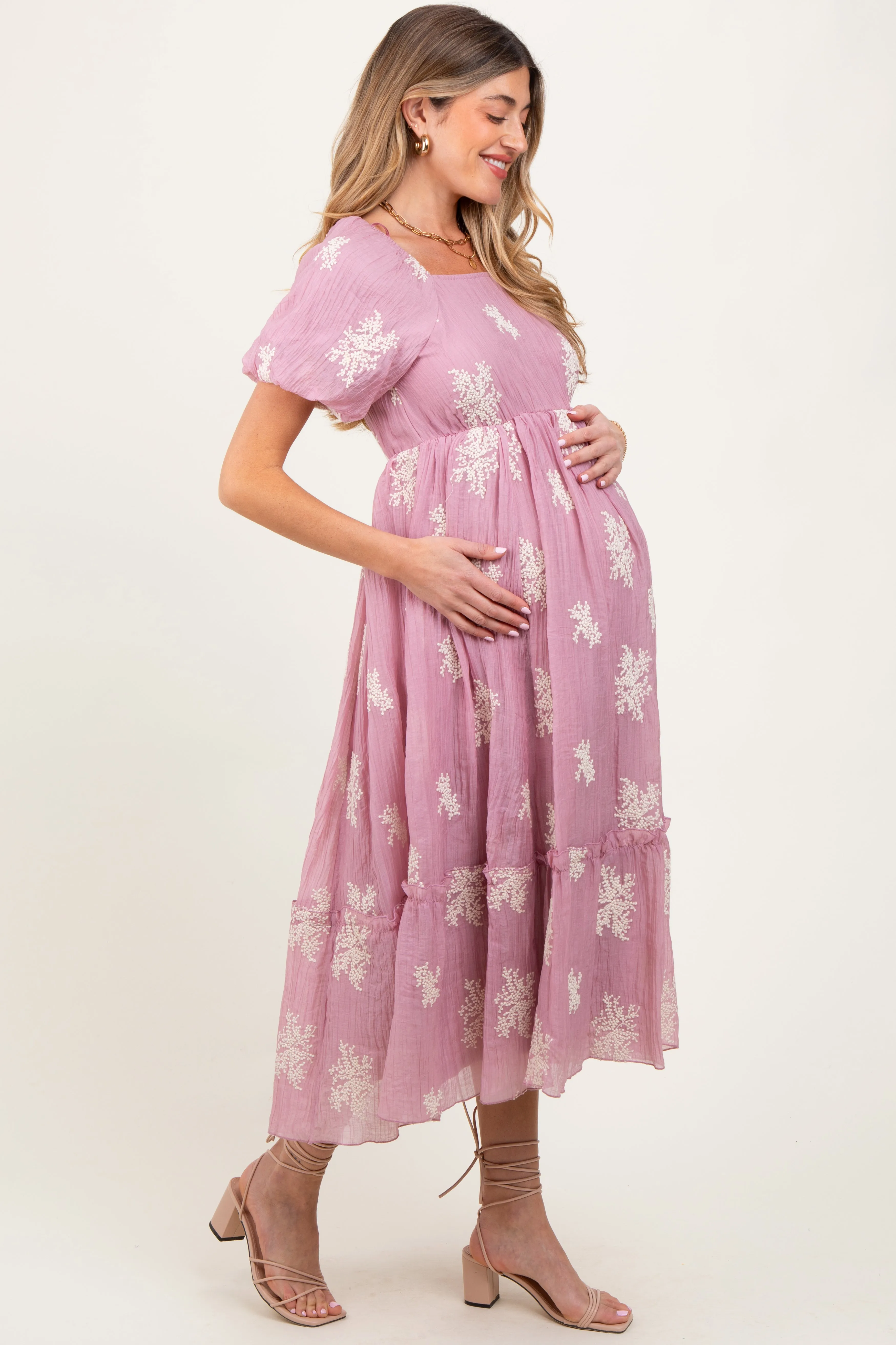 Mauve Floral Print Ruffle Hem Maternity Midi Dress sold by Pinkblush product image thumbnail 3