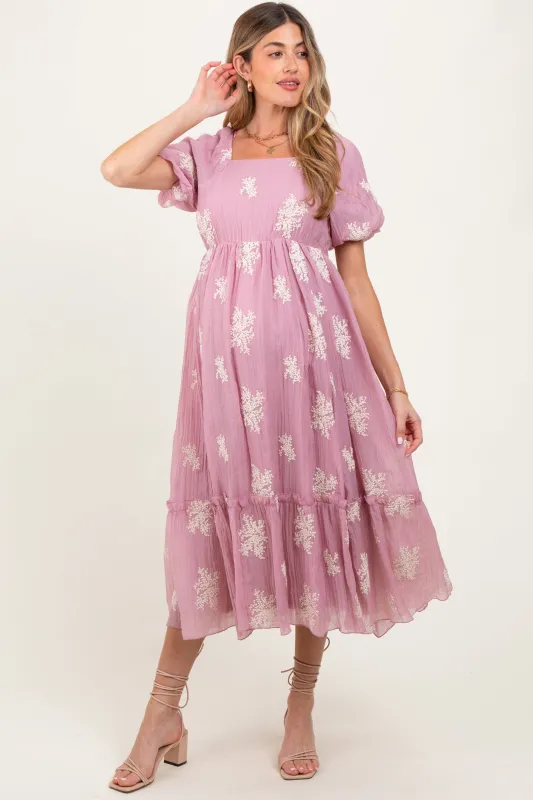 Mauve Floral Print Ruffle Hem Maternity Midi Dress sold by Pinkblush