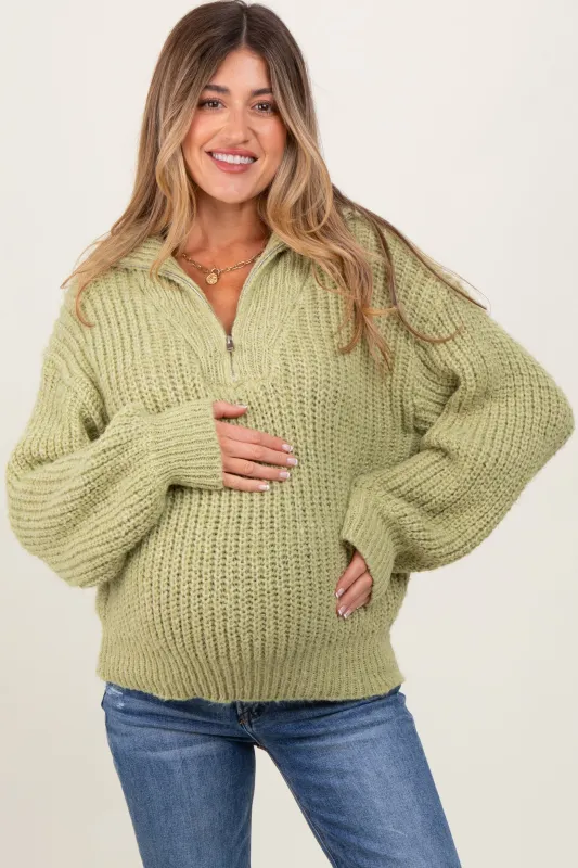 Light Olive Chunky Knit Quarter Zip Maternity Sweater sold by Pinkblush