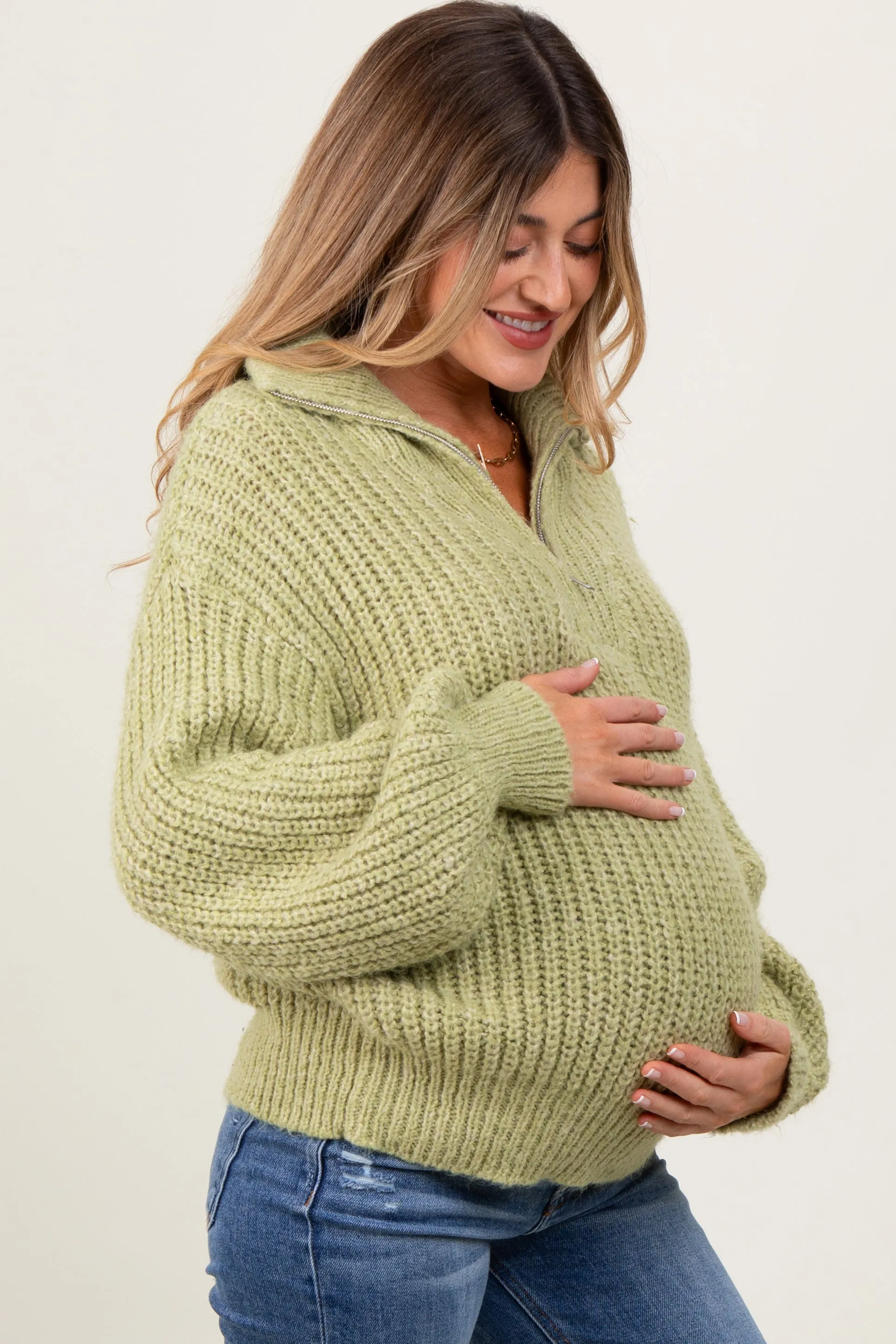 Light Olive Chunky Knit Quarter Zip Maternity Sweater sold by Pinkblush product image thumbnail 3