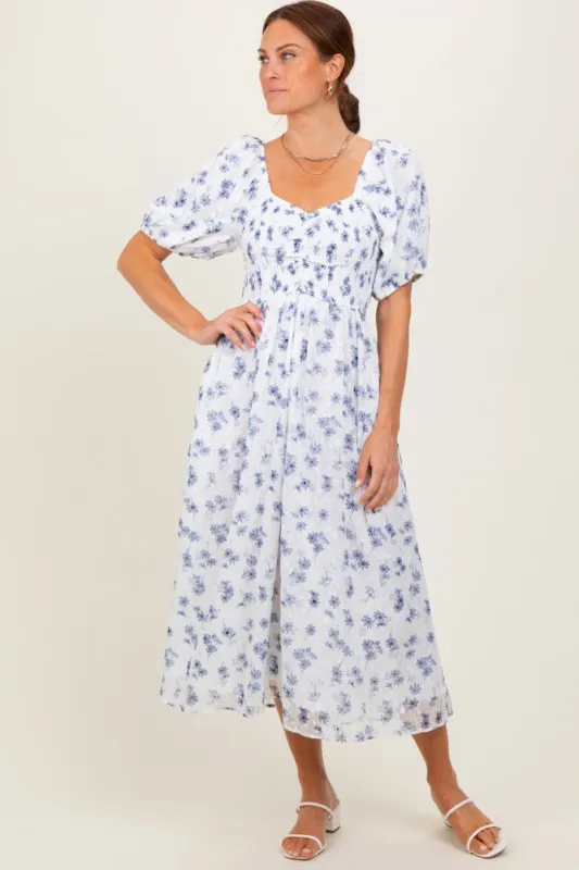 Blue Floral Smocked Bodice Midi Dress sold by Pinkblush